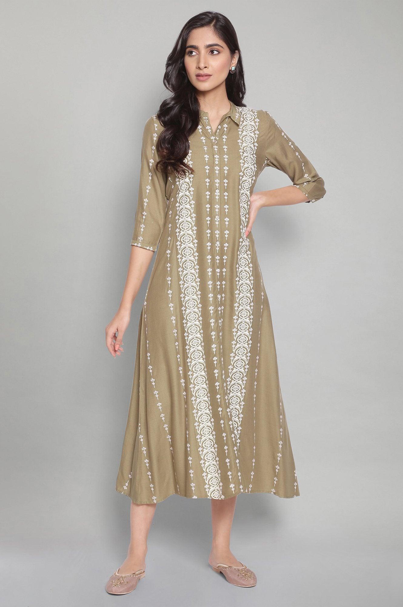 Buy Olive Green A-Line long Dress Online for Woman