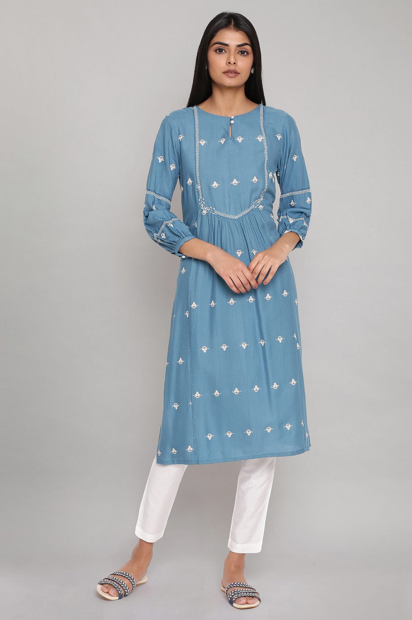Adriatic Blue kurta with Gather Details