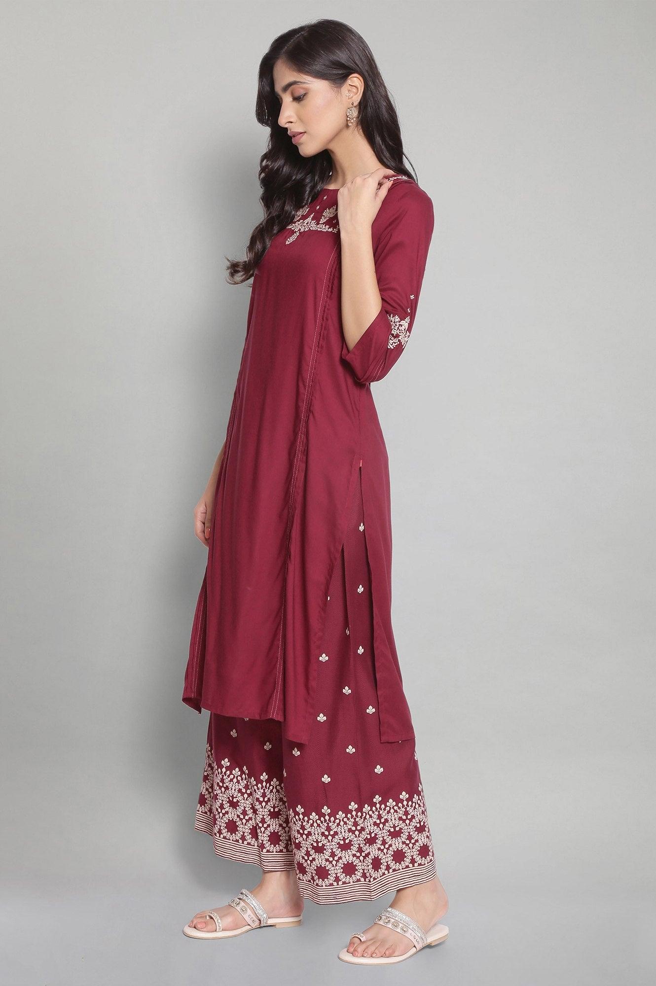Maroon Solid Plus Size Kurta With Embroidery - wforwoman