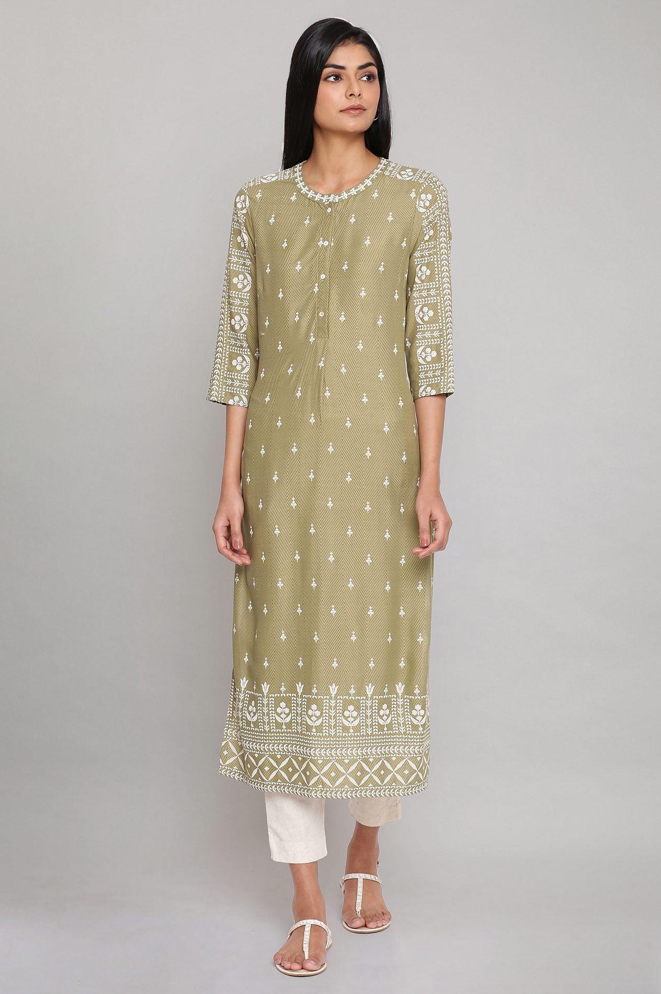 Olive Green Straight Printed kurta - wforwoman