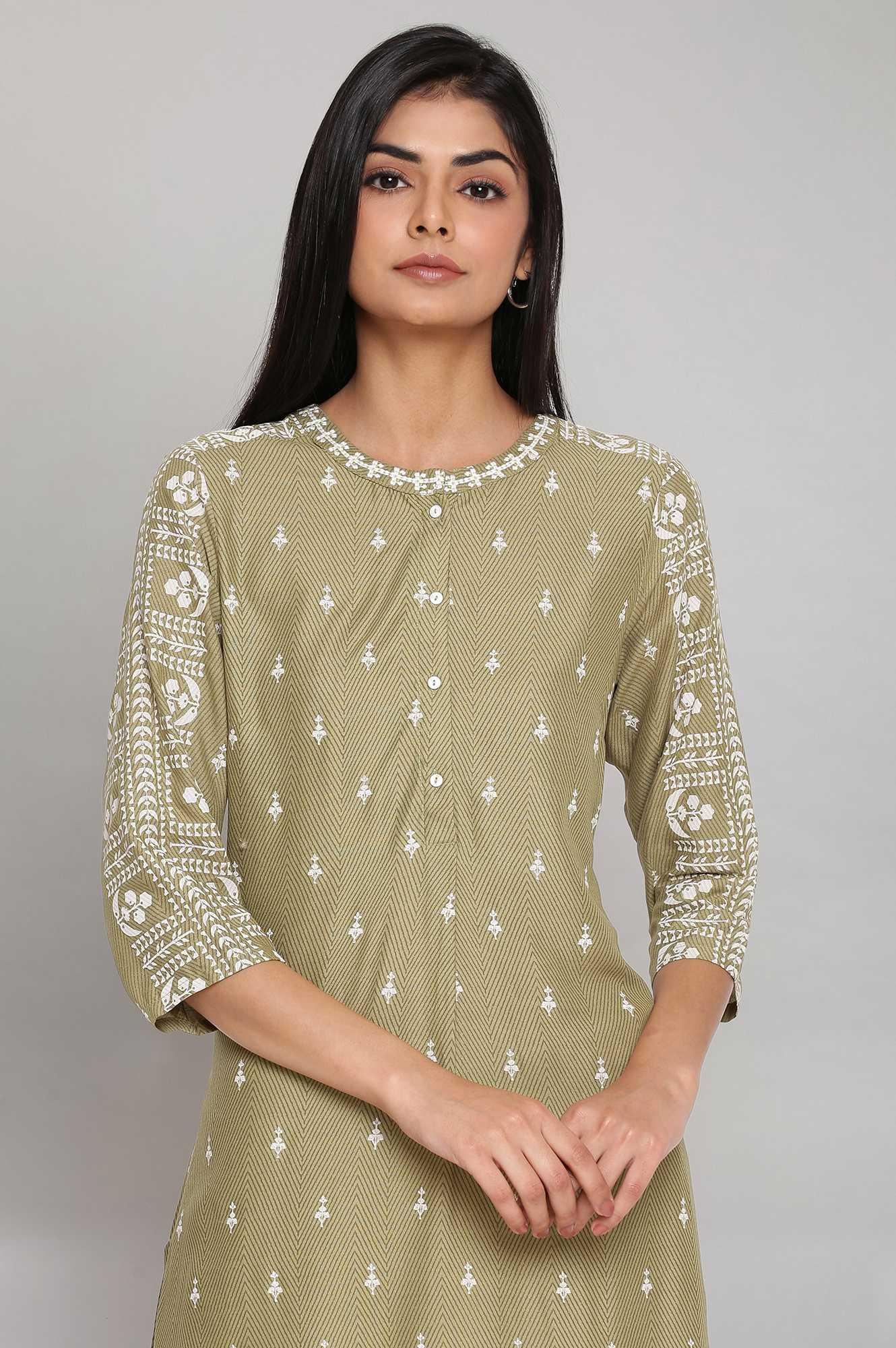Olive Green Straight Printed kurta - wforwoman