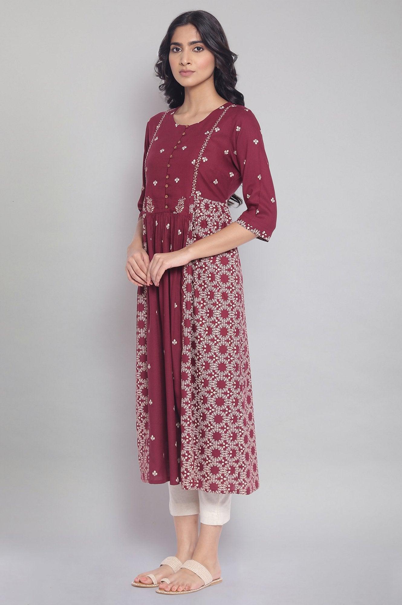 Maroon Flared Gathered Dress with Embroidery - wforwoman