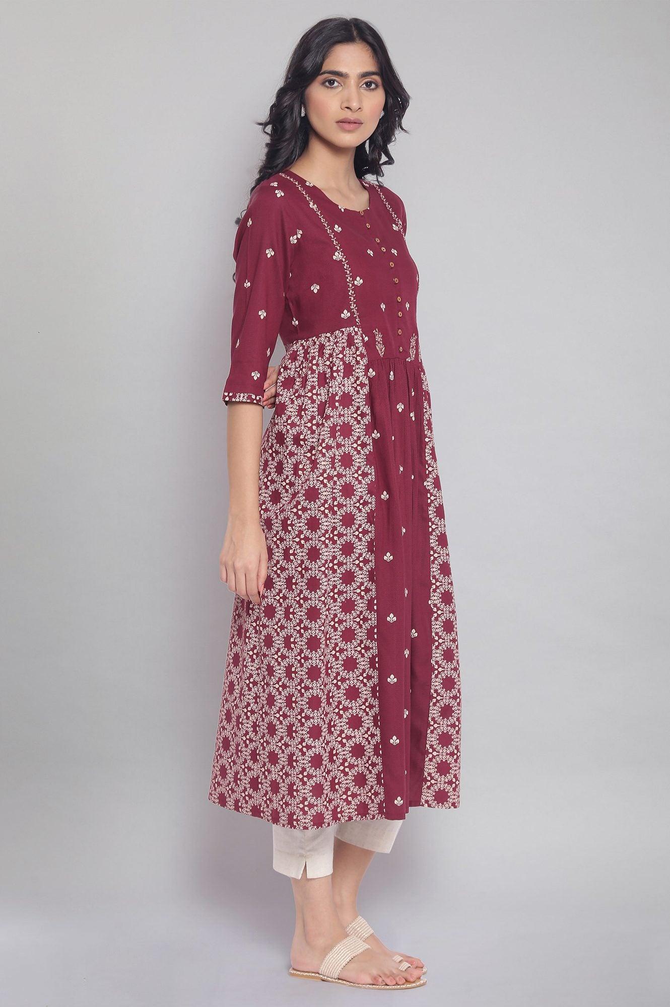 Maroon Flared Gathered Dress with Embroidery - wforwoman