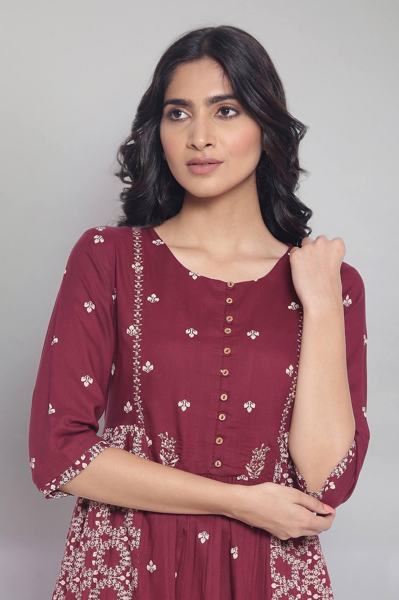 Maroon Flared Gathered Dress with Embroidery - wforwoman