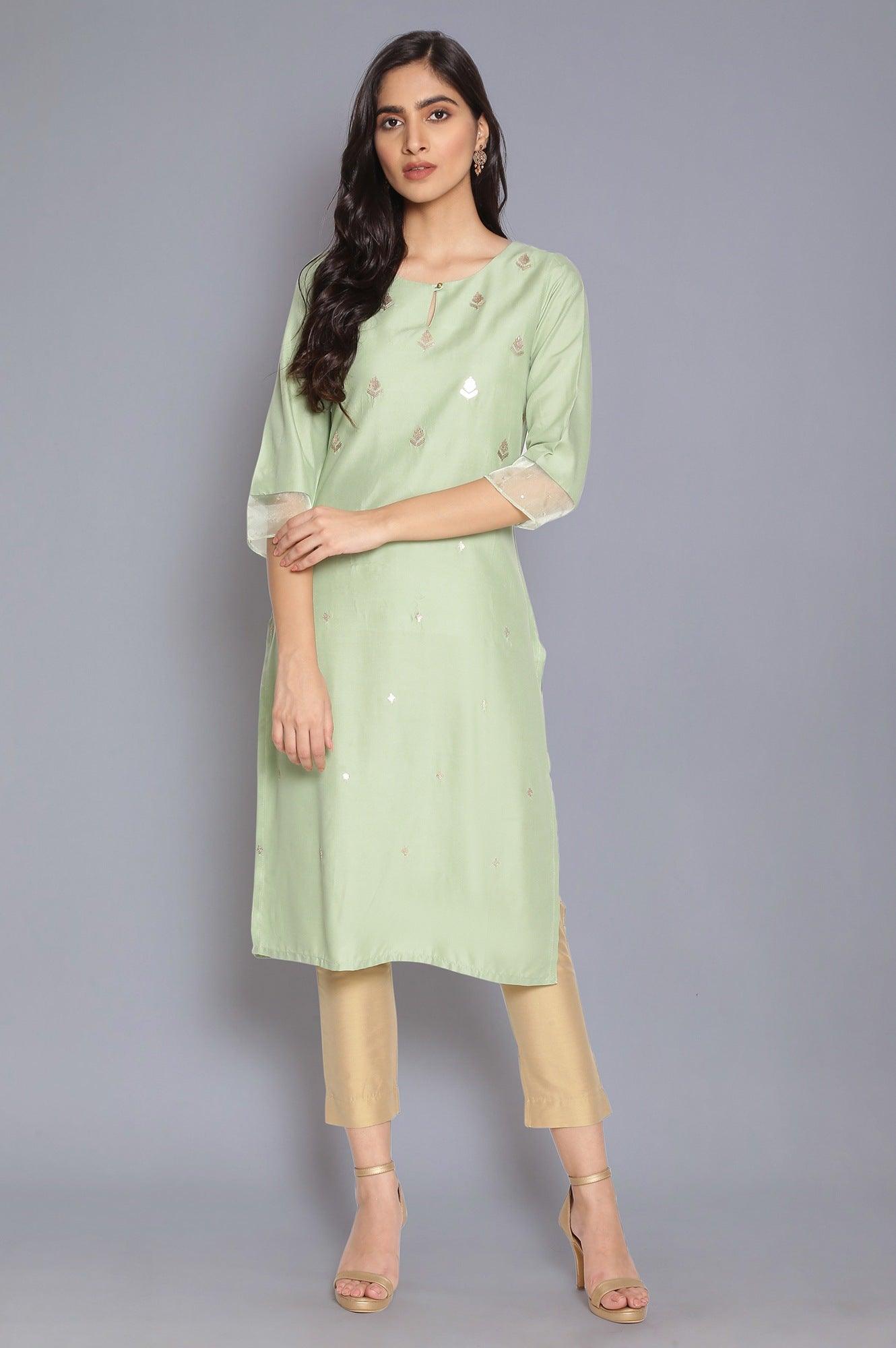 Mint Green Embroidered kurta - wforwoman