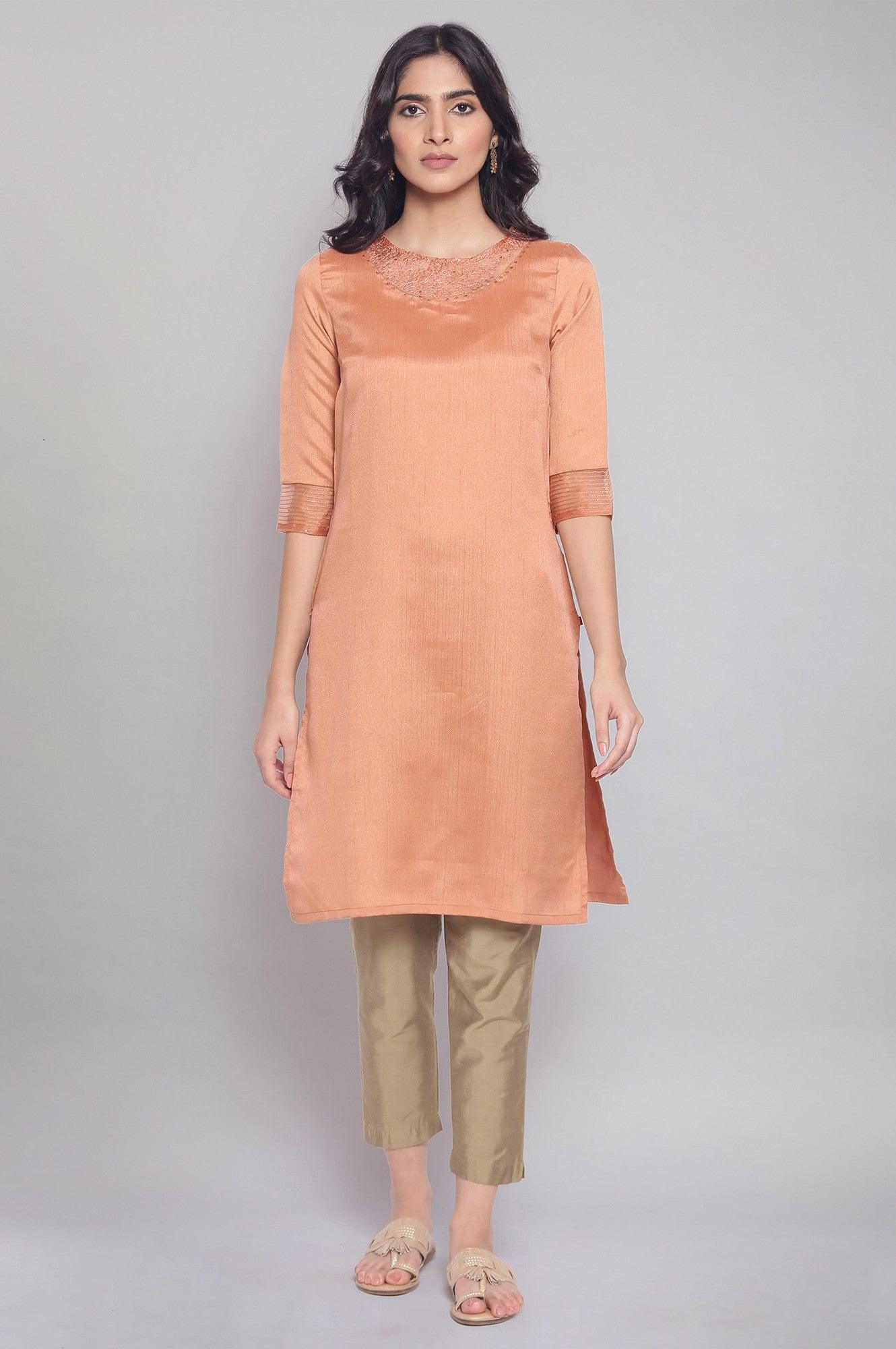 Light Orange kurta with Embroidery - wforwoman