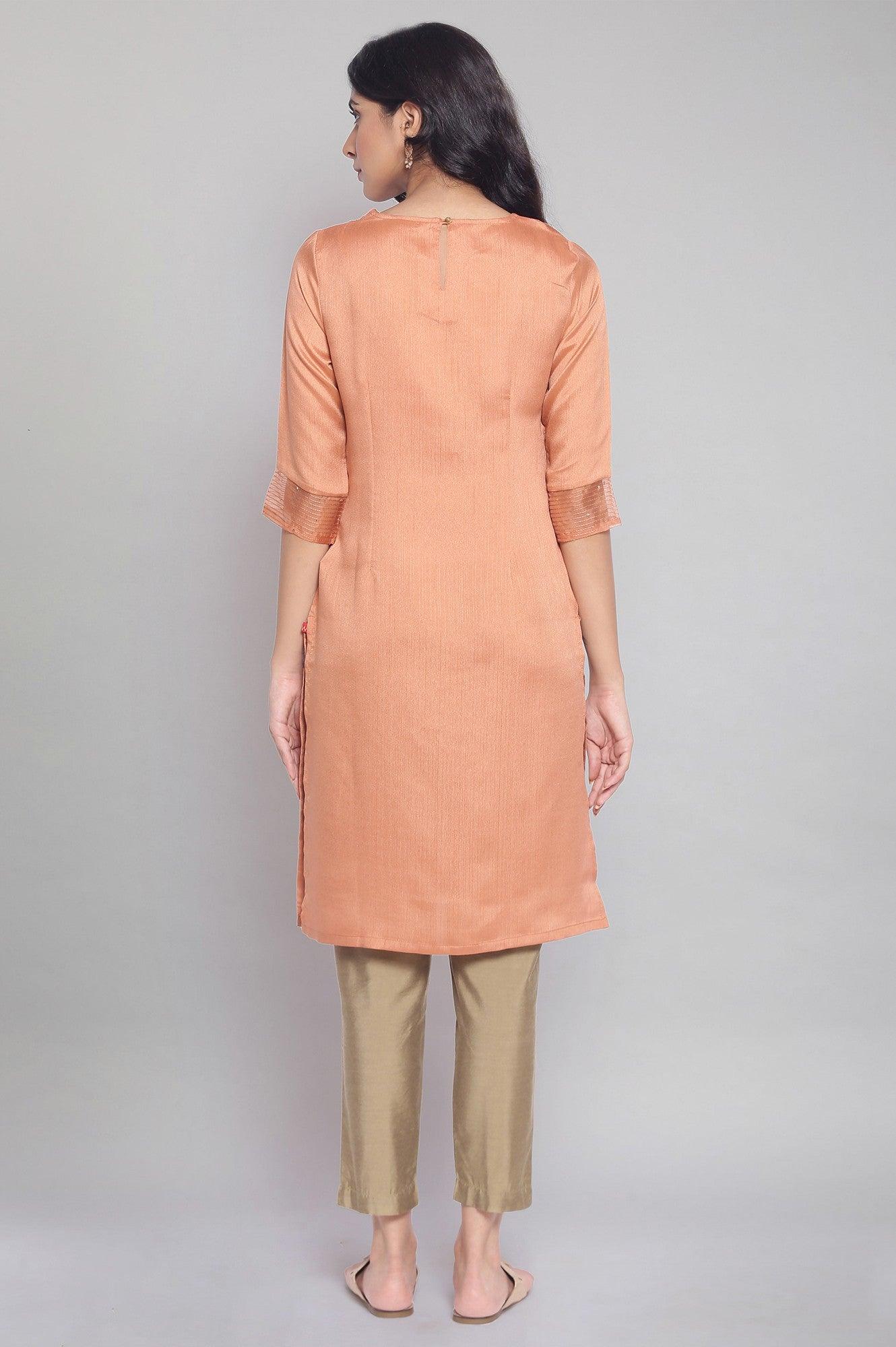 Light Orange kurta with Embroidery - wforwoman
