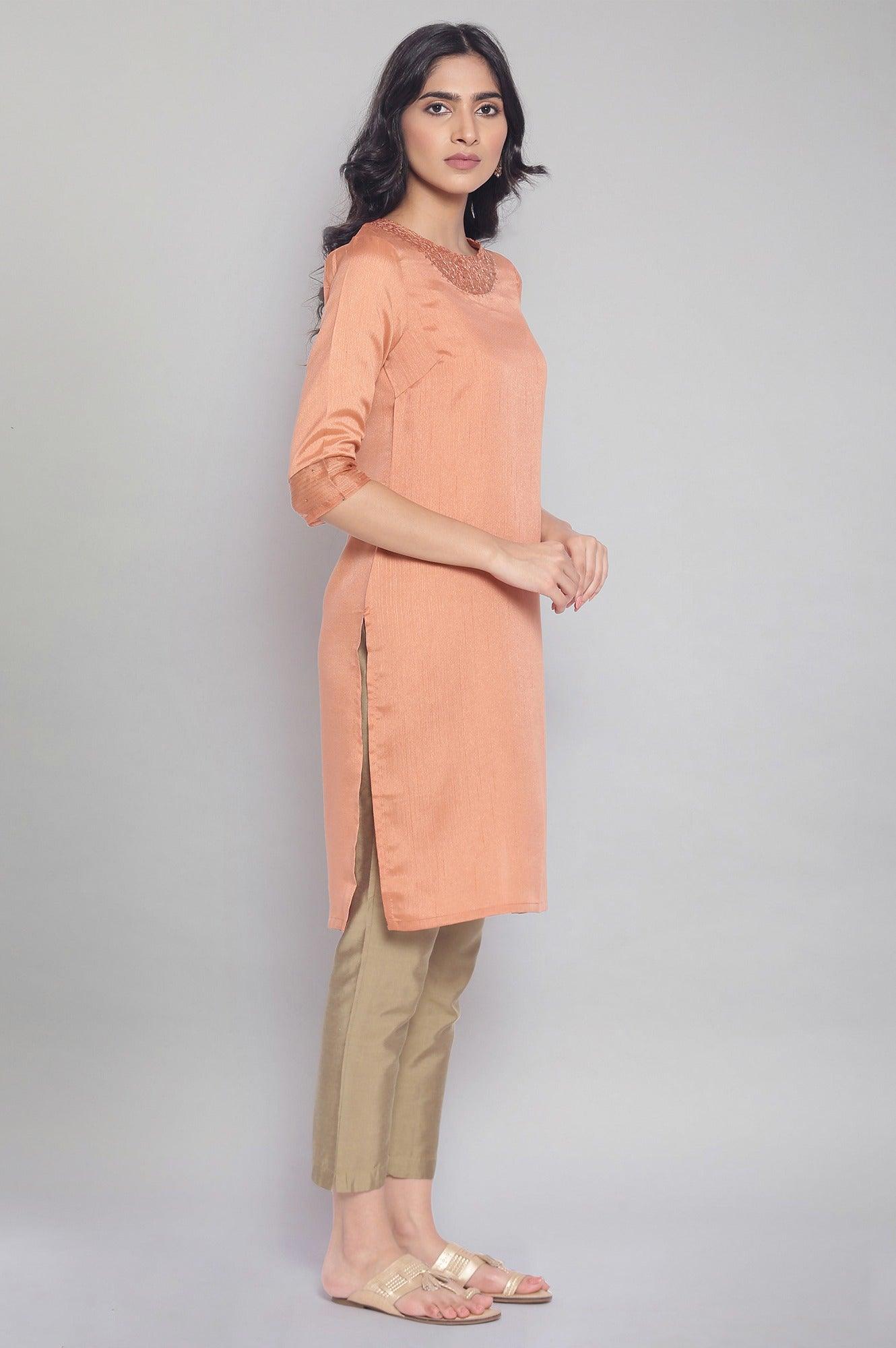 Light Orange kurta with Embroidery - wforwoman