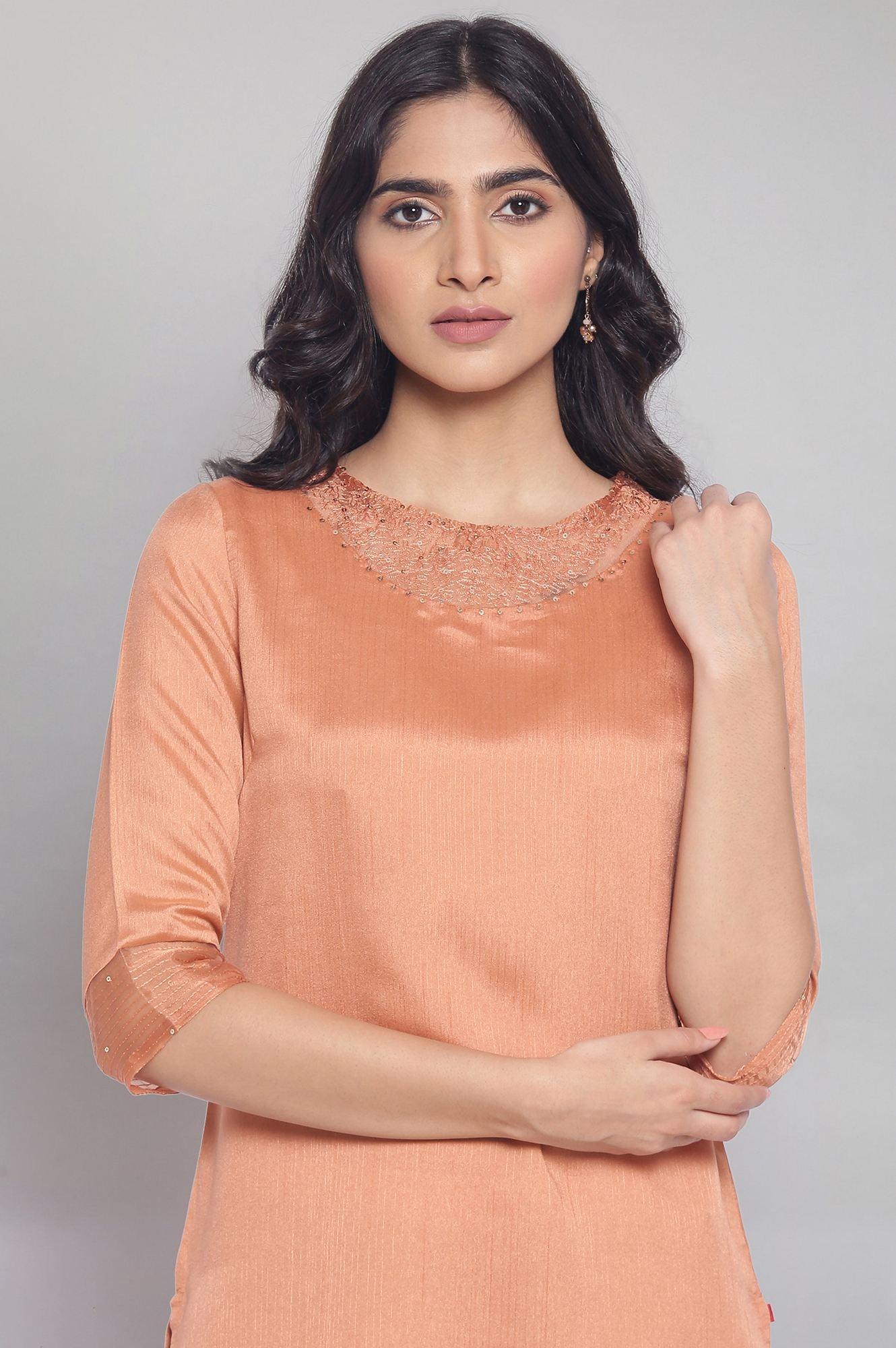 Light Orange kurta with Embroidery - wforwoman