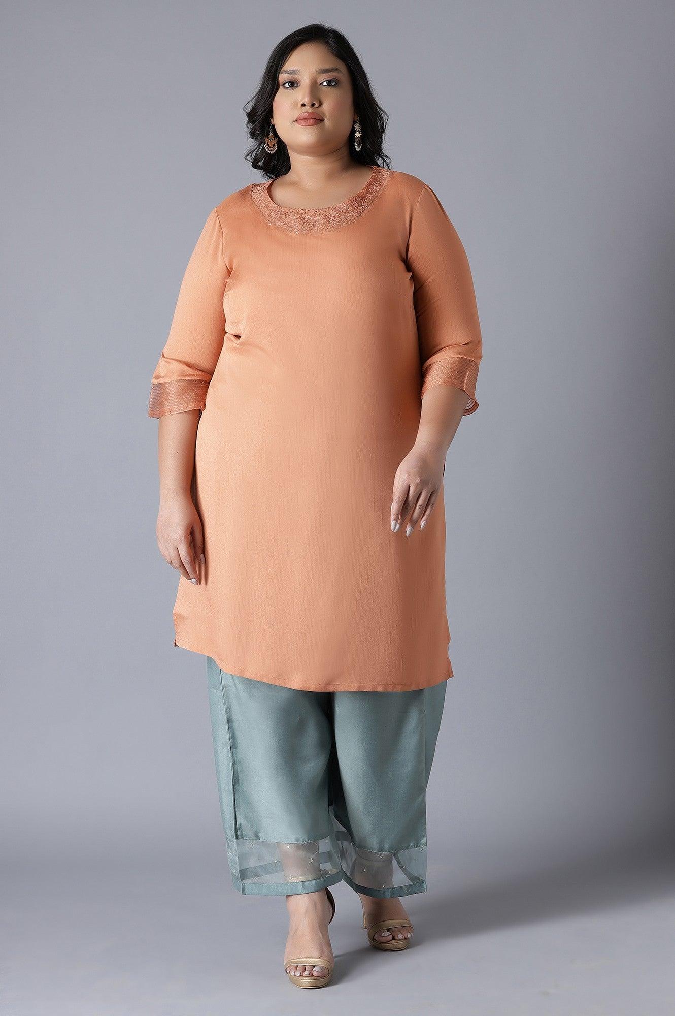 Light Orange kurta with Embroidery - wforwoman