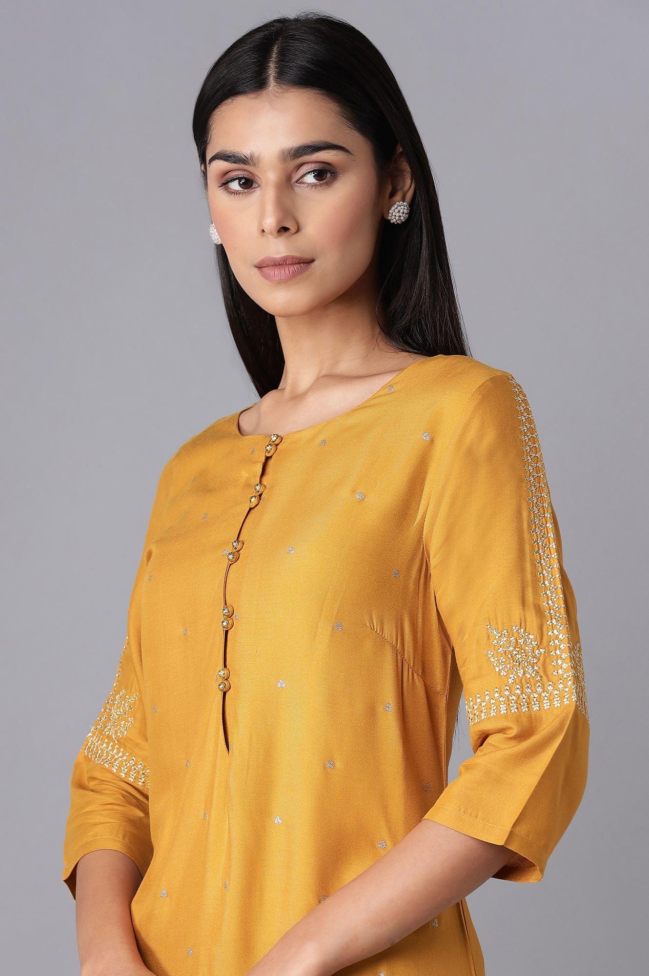 Mustard Yellow kurta with Embroidery - wforwoman