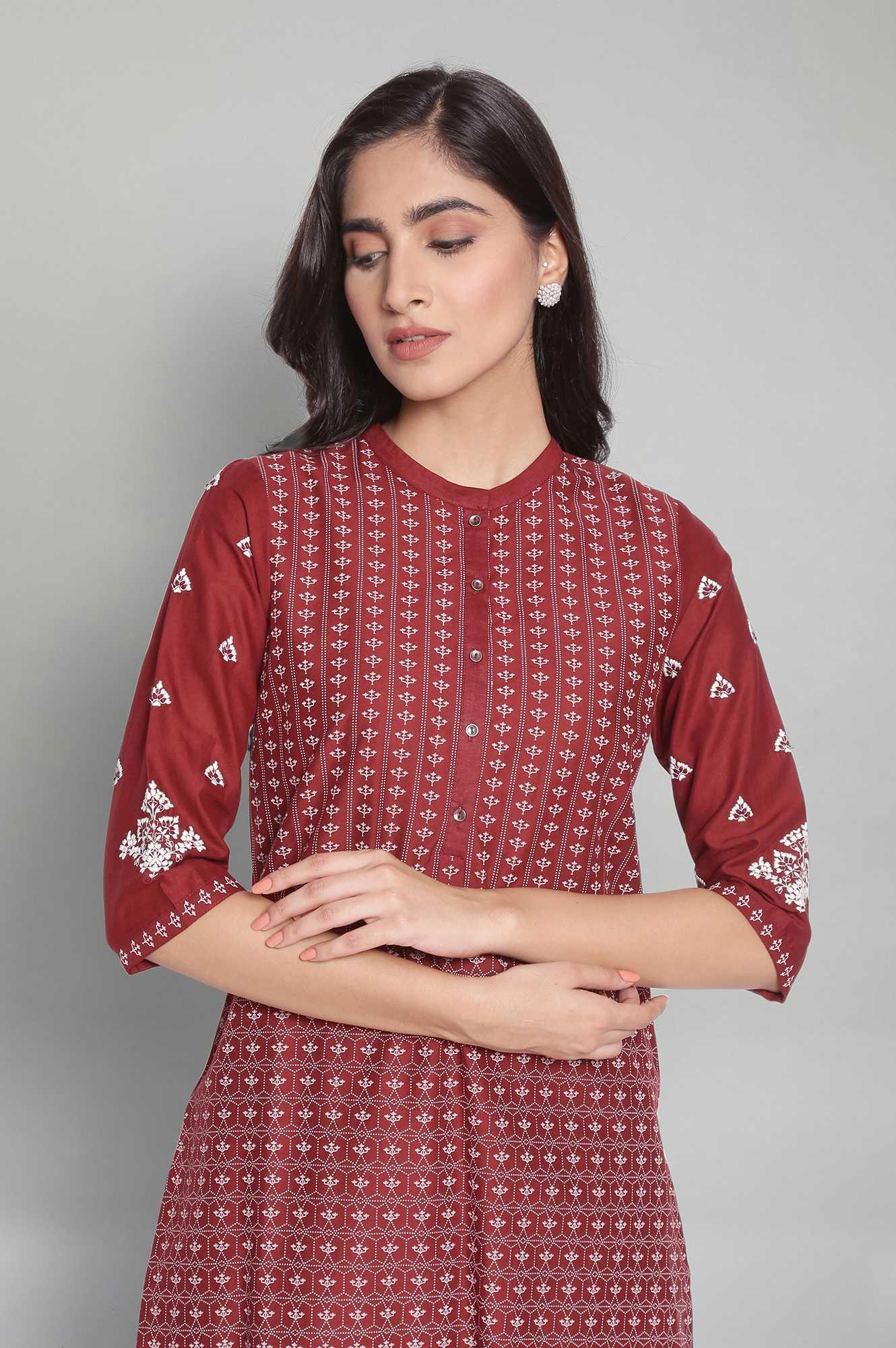 Brick Red Printed Straight kurta - wforwoman