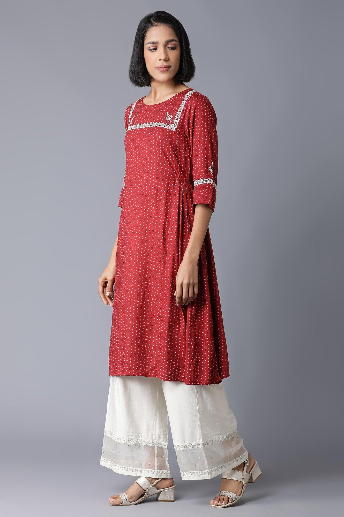 Brick Red Gathered kurta - wforwoman