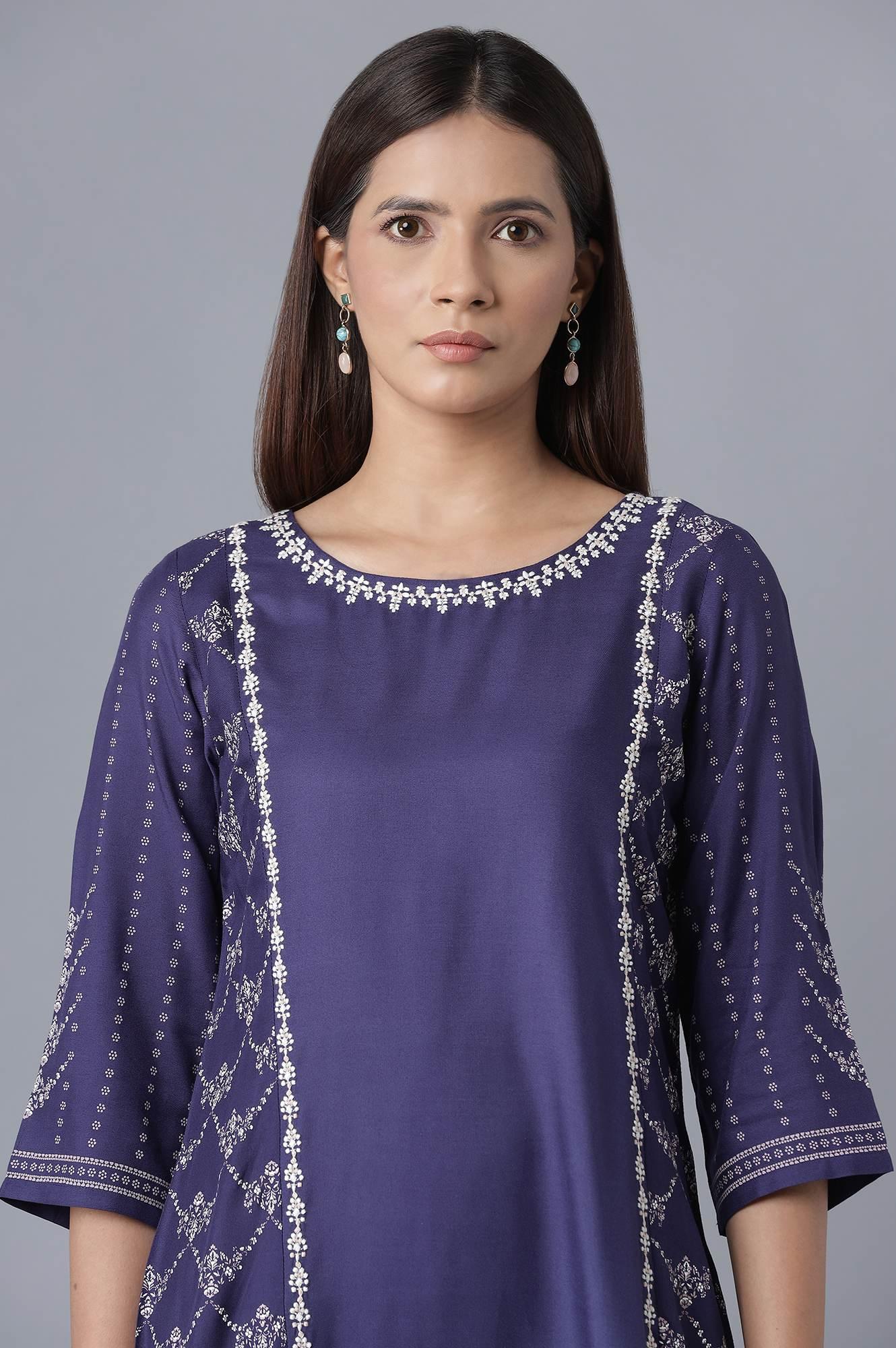 Navy Blue kurta with Embroidery - wforwoman