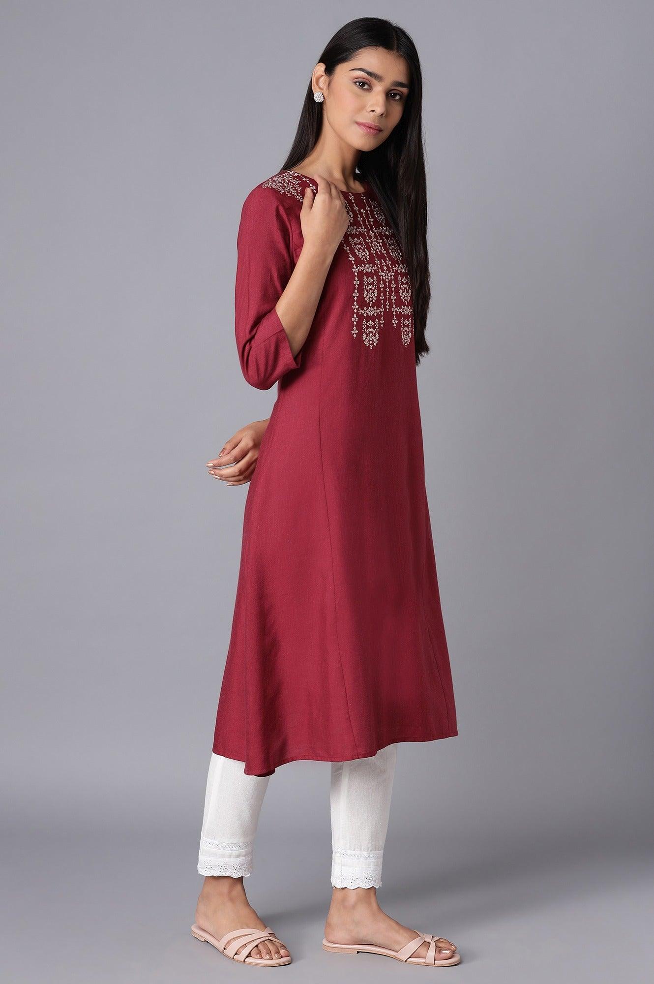 Maroon A-line kurta with Embroidery - wforwoman