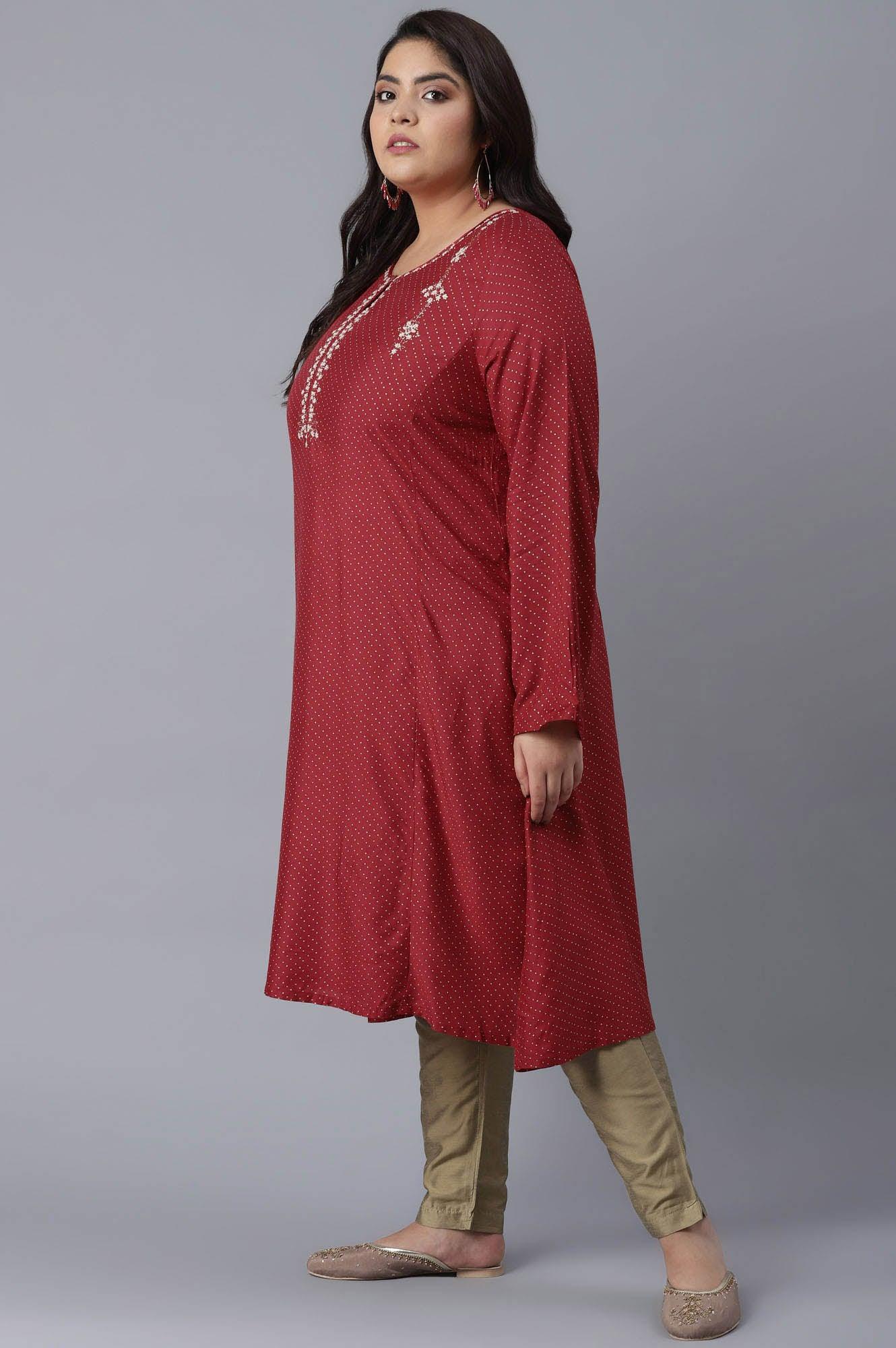 Scarlet Red Polka Dots Print Flared kurta - wforwoman