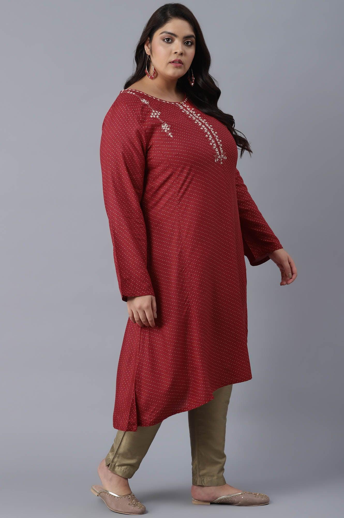 Scarlet Red Polka Dots Print Flared kurta - wforwoman