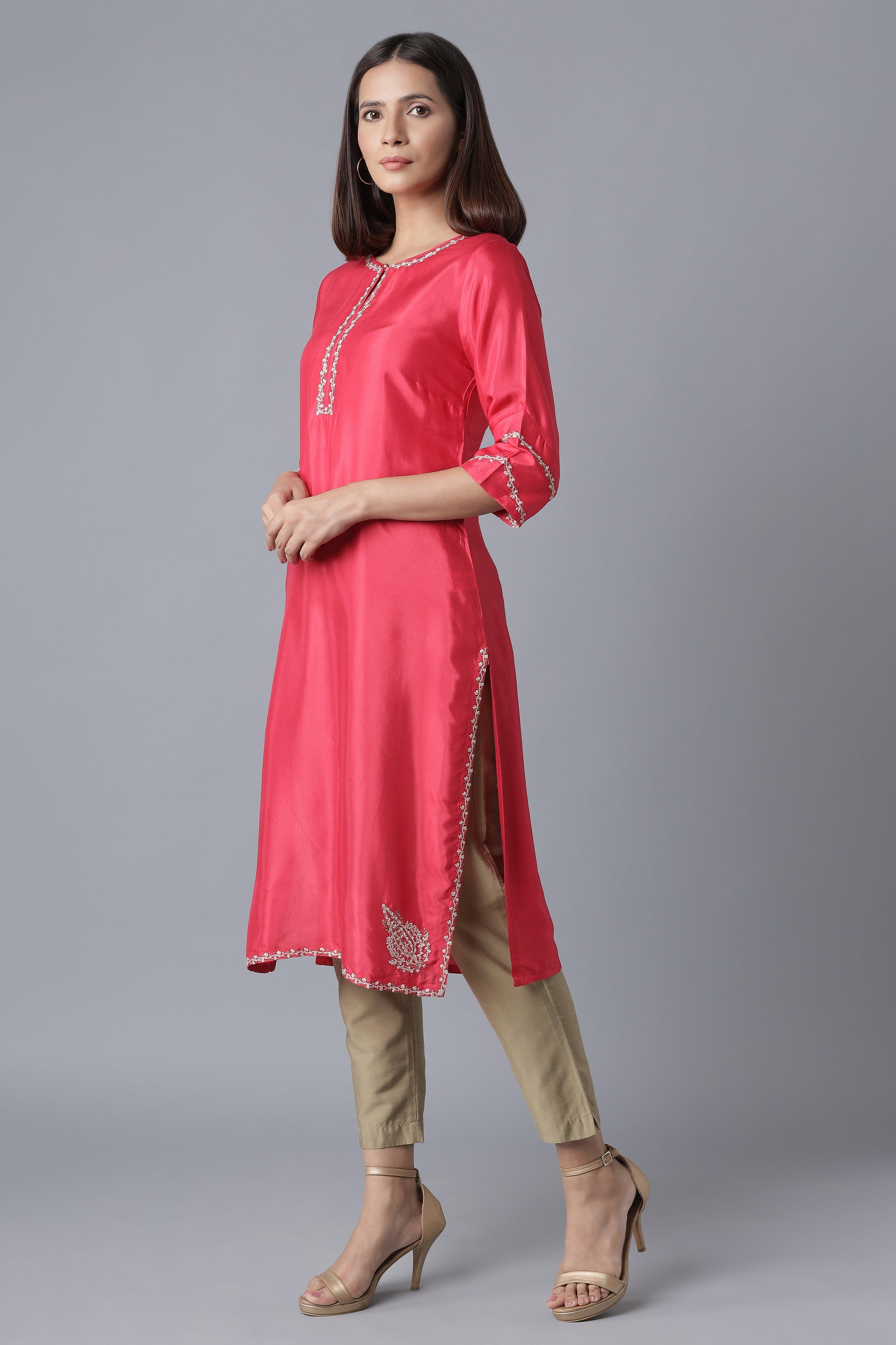 Rasberry Red Solid Festive Straight kurta - wforwoman