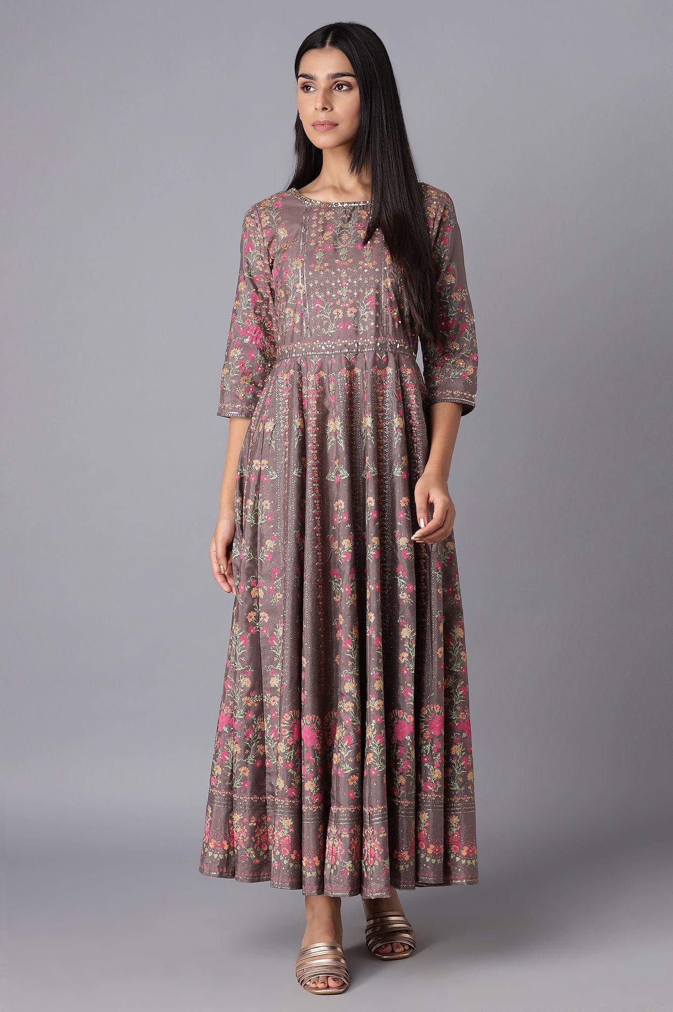 Purple Printed Panelled Dress - wforwoman