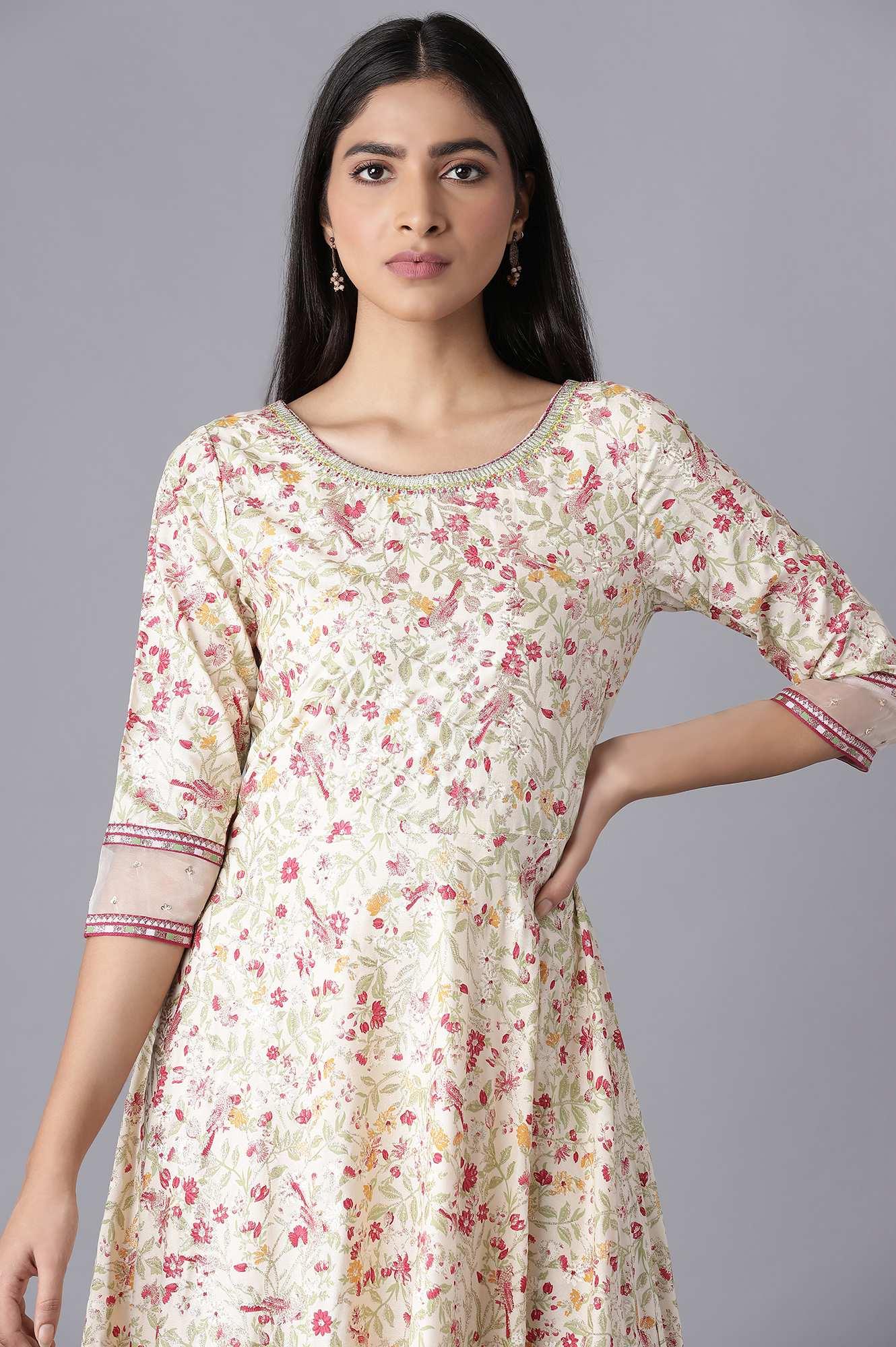Ecru Printed Dress with Embroidery - wforwoman