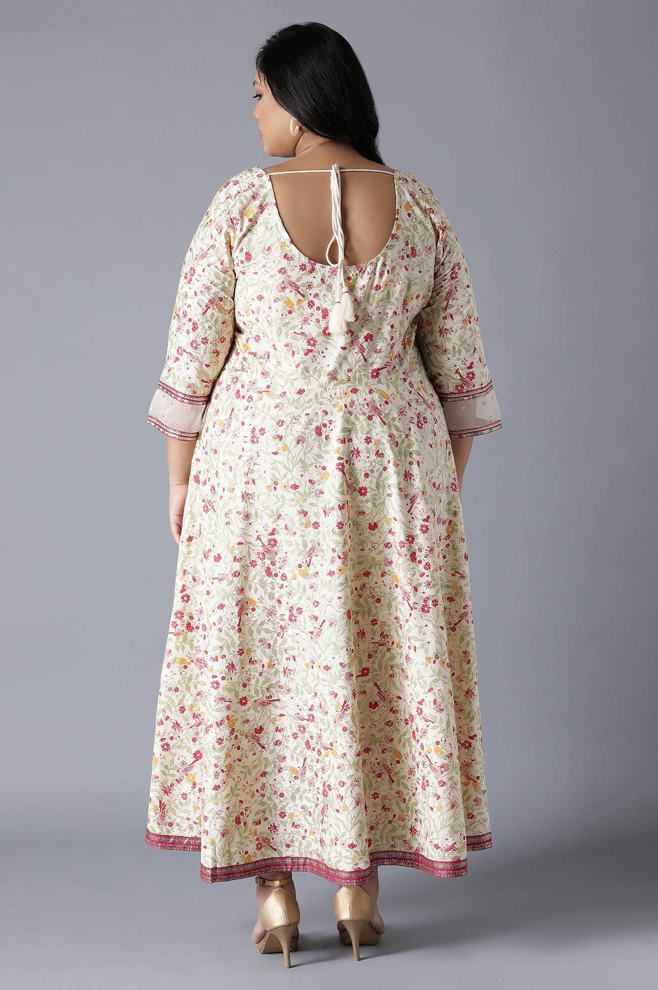 Ecru Printed Dress with Embroidery - wforwoman