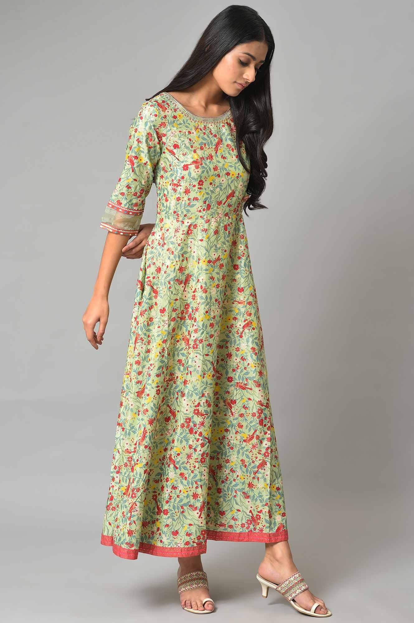 Light Green Embroidered Flared Dress - wforwoman