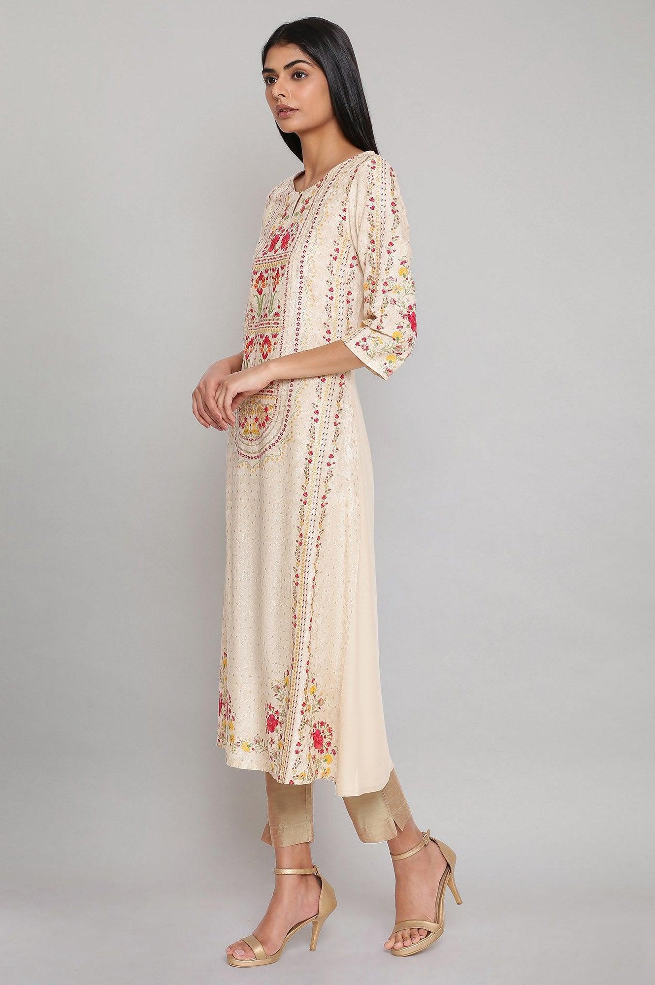 Ecru A-line Printed kurta - wforwoman