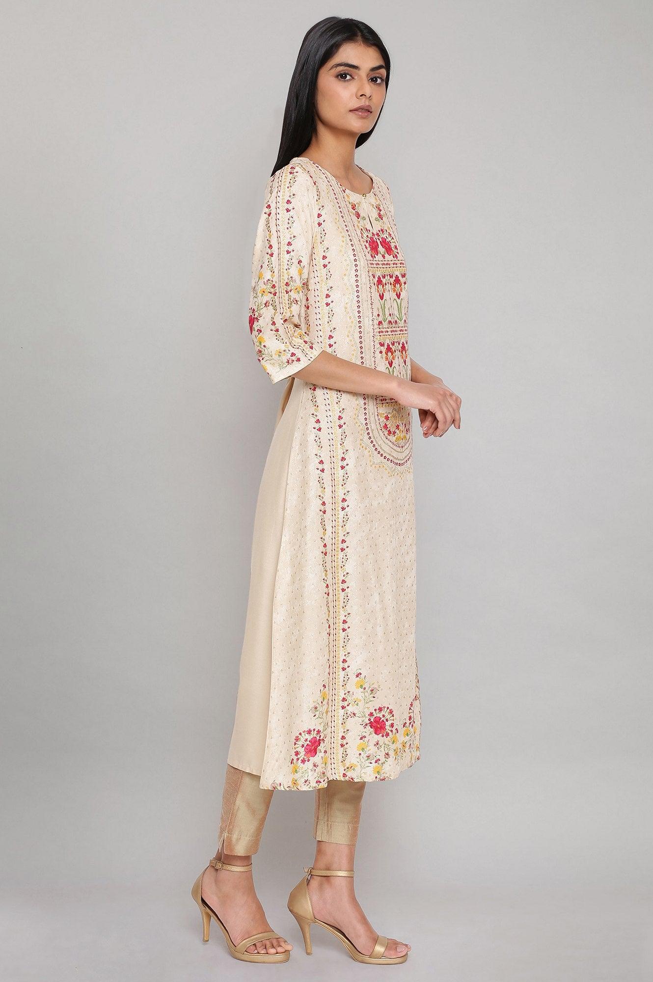 Ecru A-line Printed kurta - wforwoman