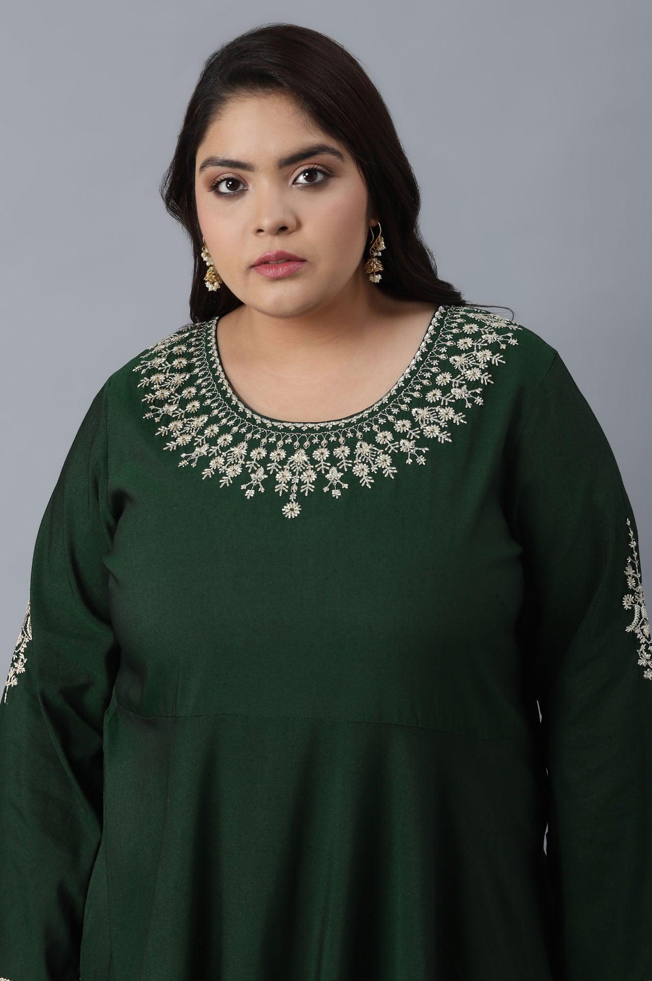 Bottle Green Dress with Embroidery - wforwoman