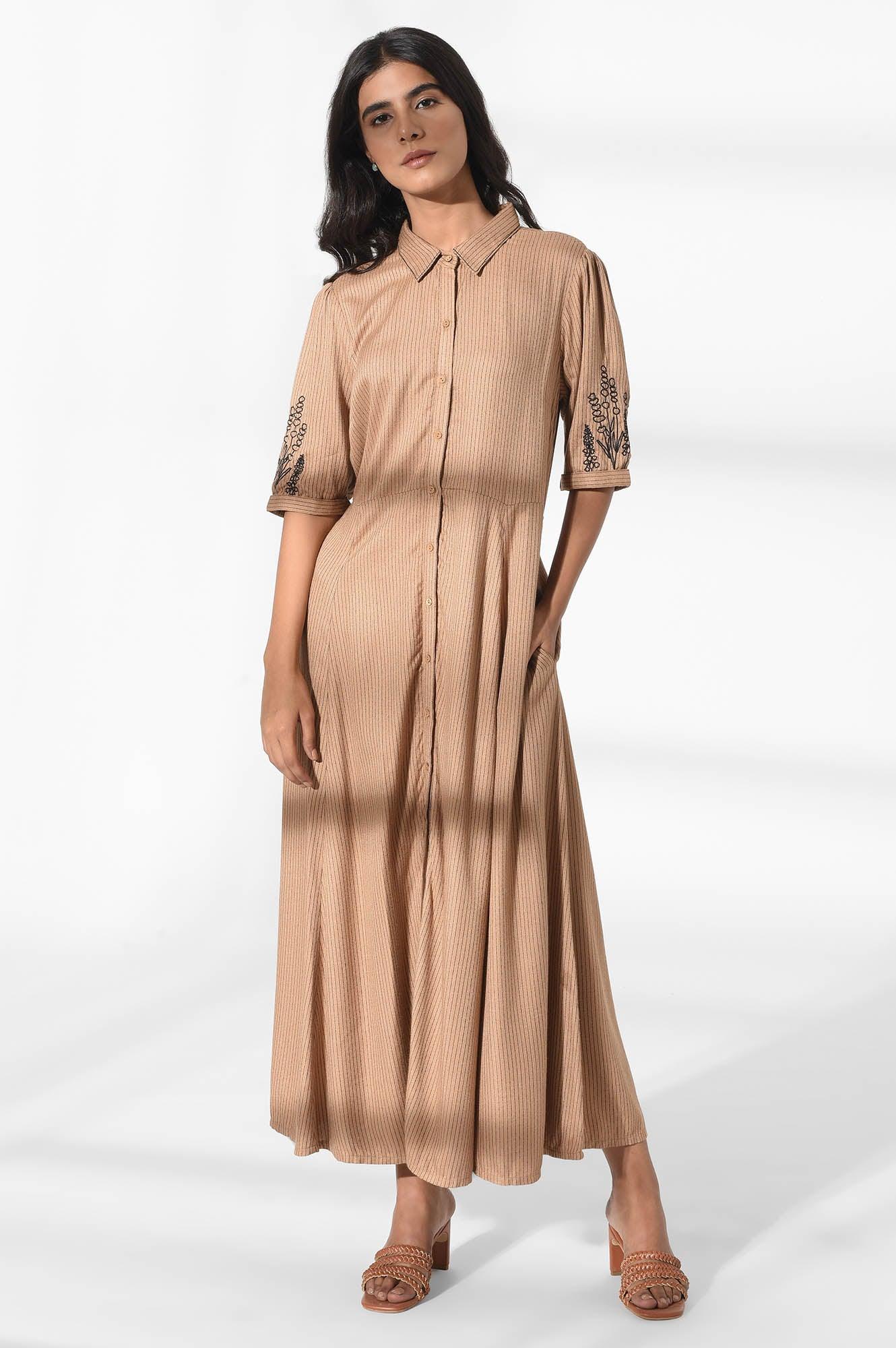 Tan Brown Shirt Dress with Embroidery - wforwoman