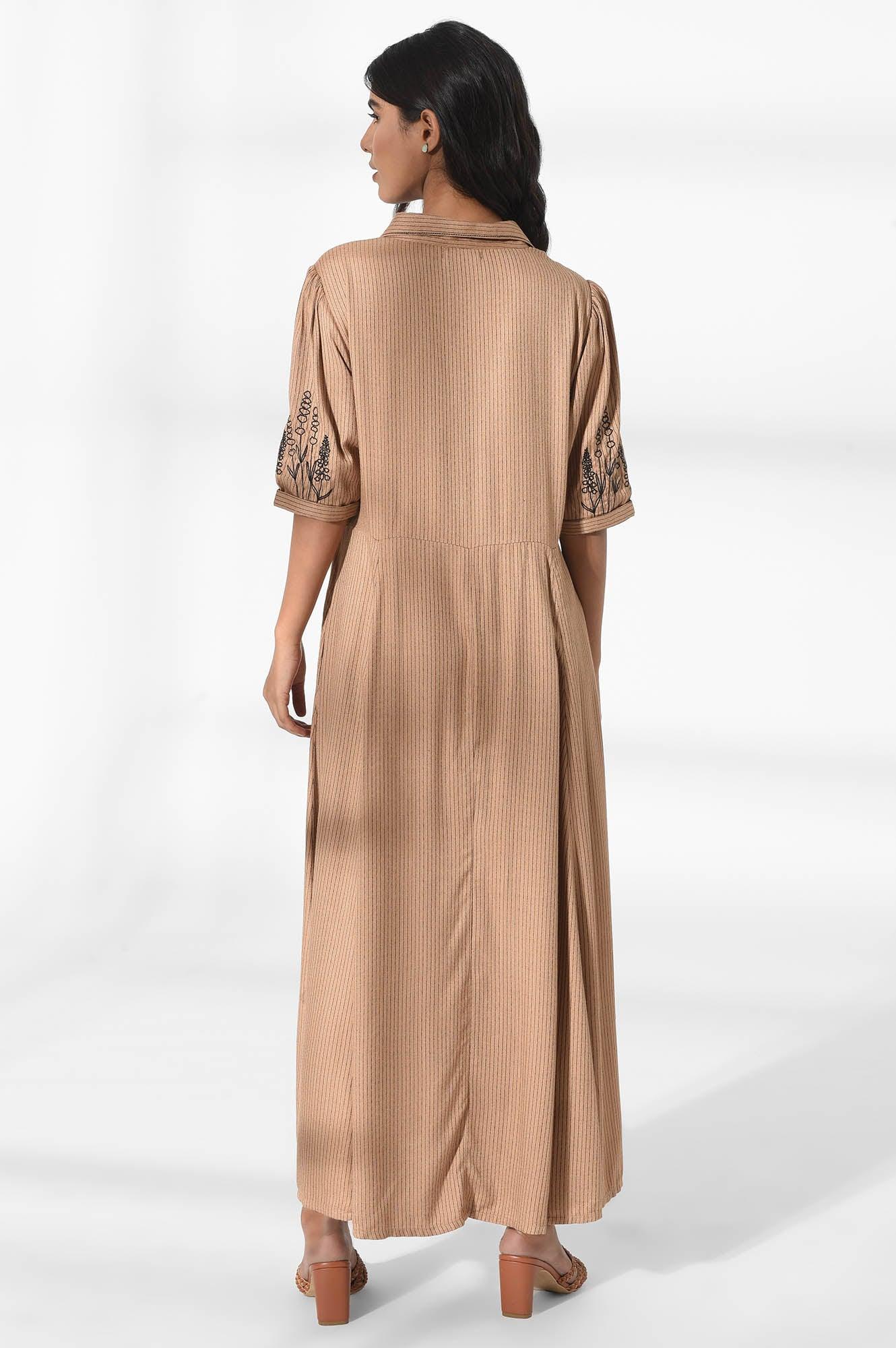 Tan Brown Shirt Dress with Embroidery - wforwoman
