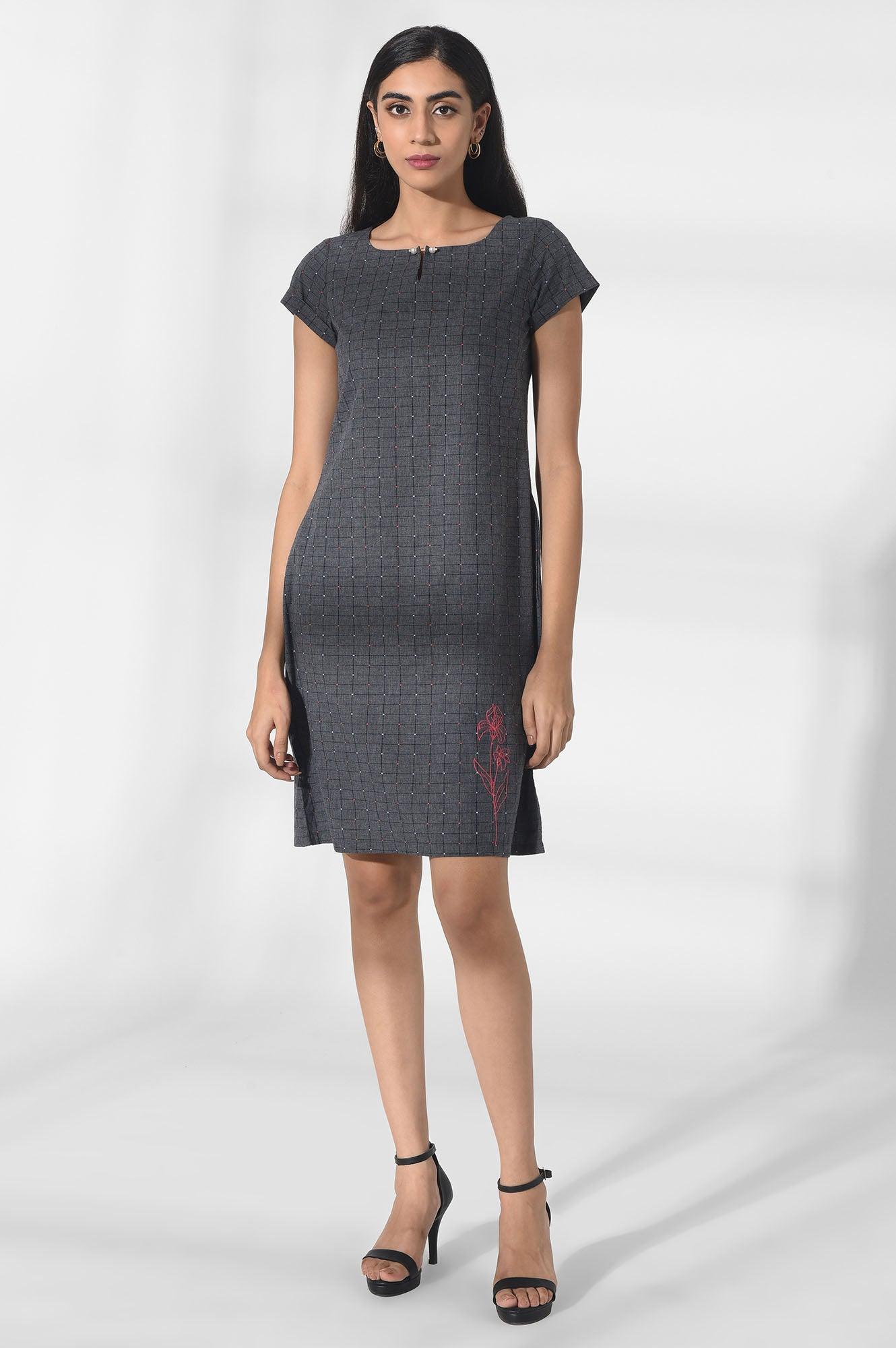 Dark Grey Sheath Dress with Embroidery - wforwoman