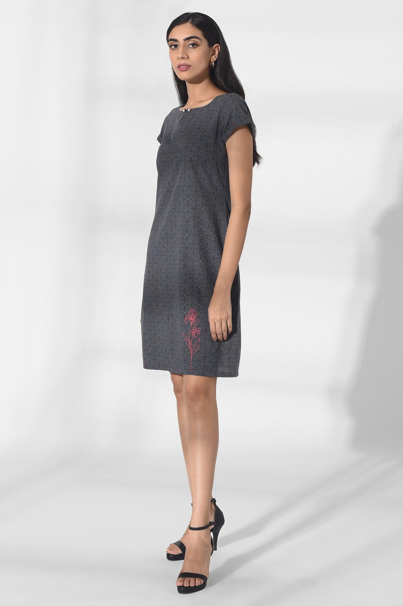 Dark Grey Sheath Dress with Embroidery - wforwoman