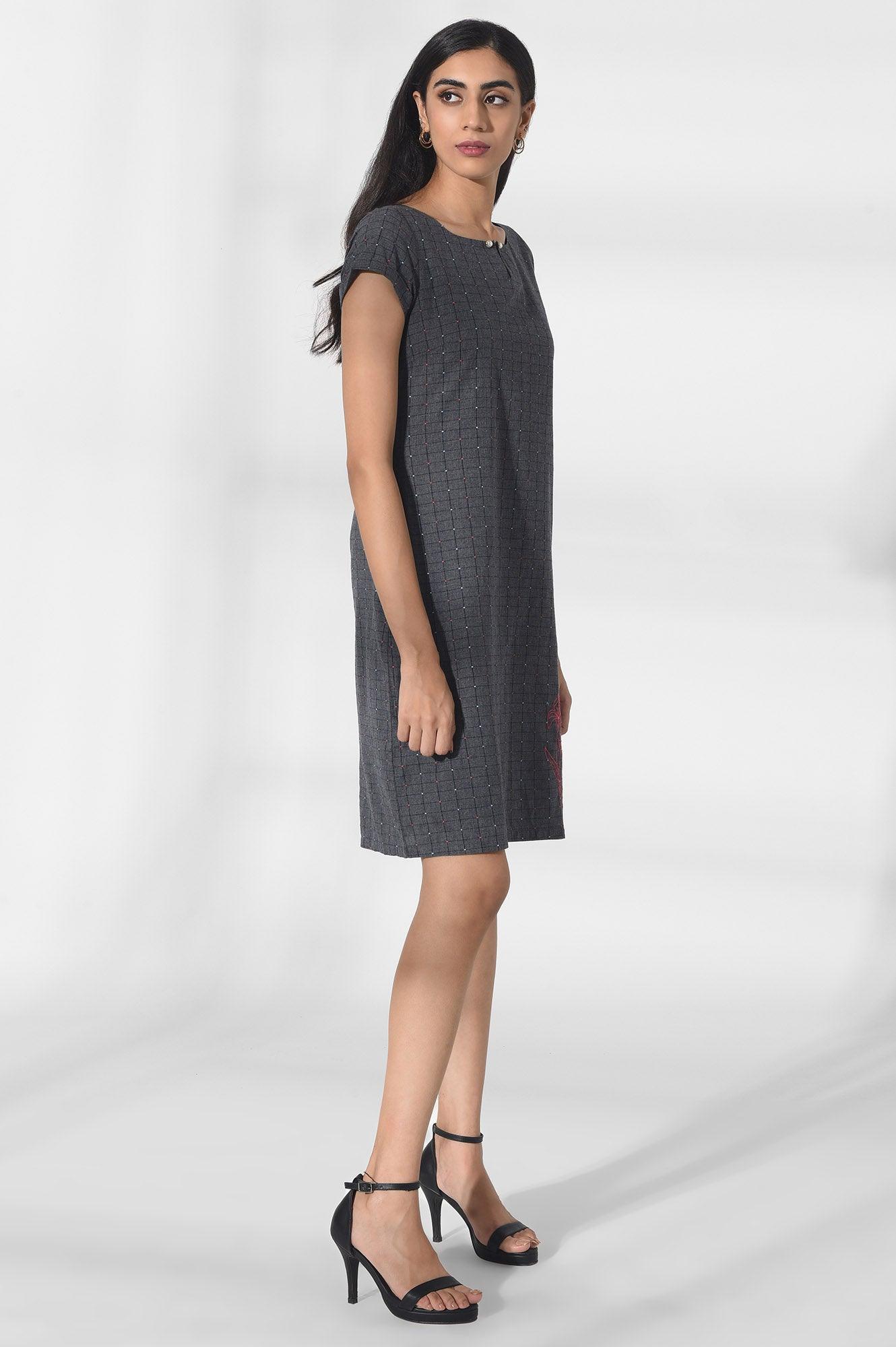 Dark Grey Sheath Dress with Embroidery - wforwoman