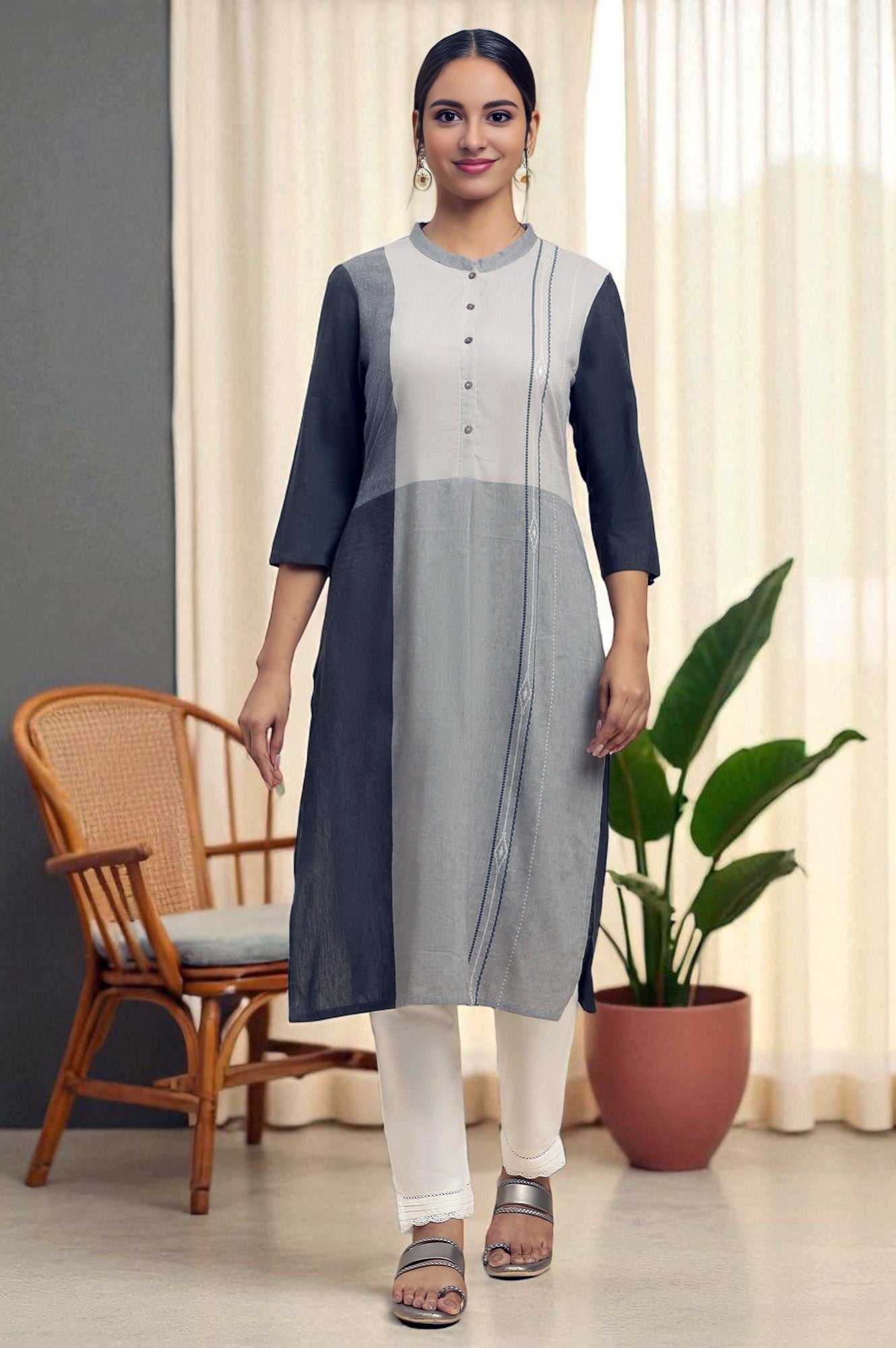 Grey Colourblock Button Down Straight Dobby Kurta