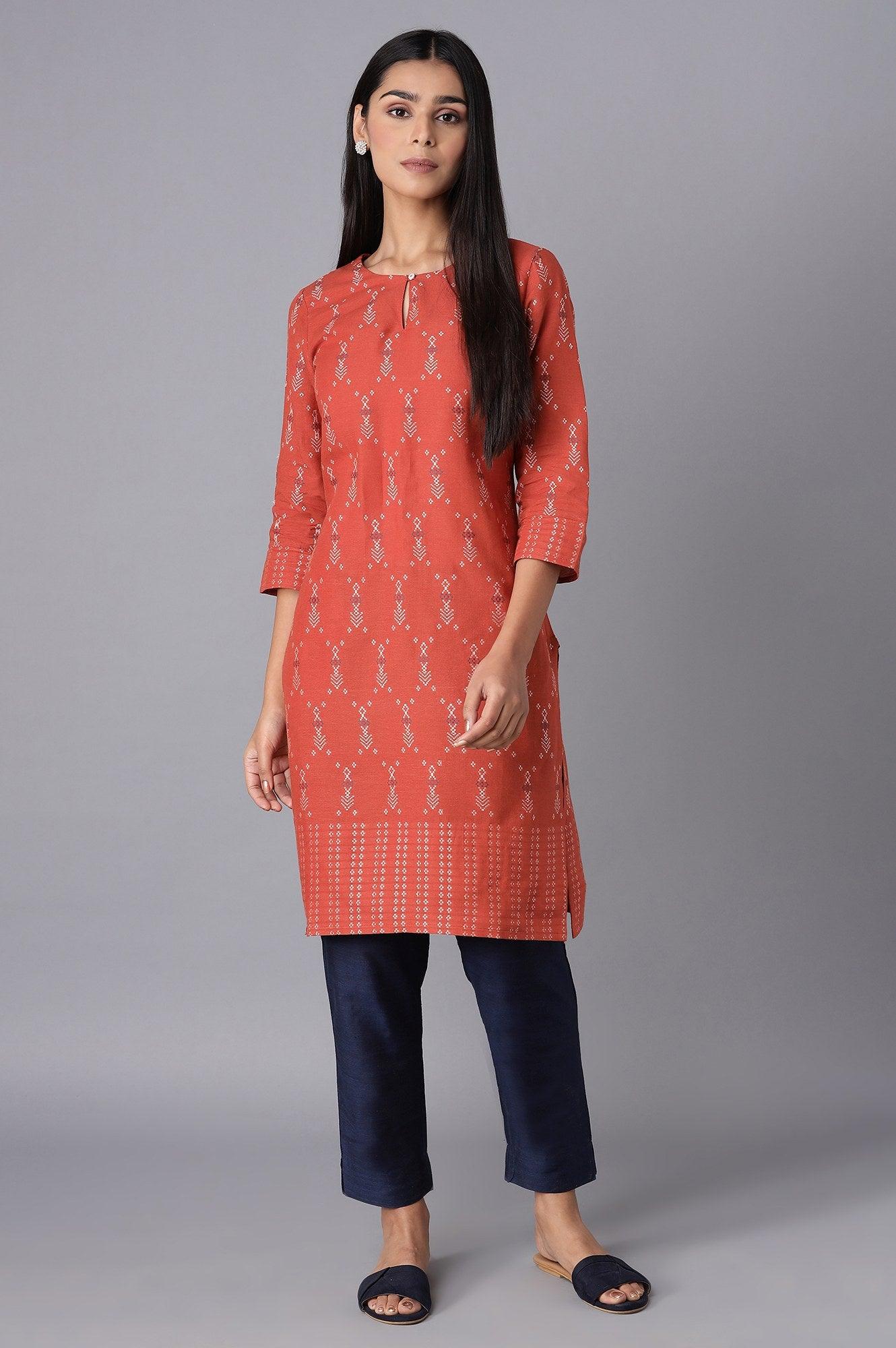 Rust Straight Dobby kurta - wforwoman