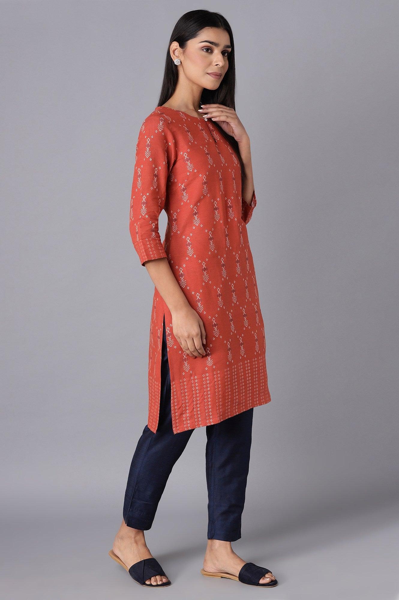 Rust Straight Dobby kurta - wforwoman