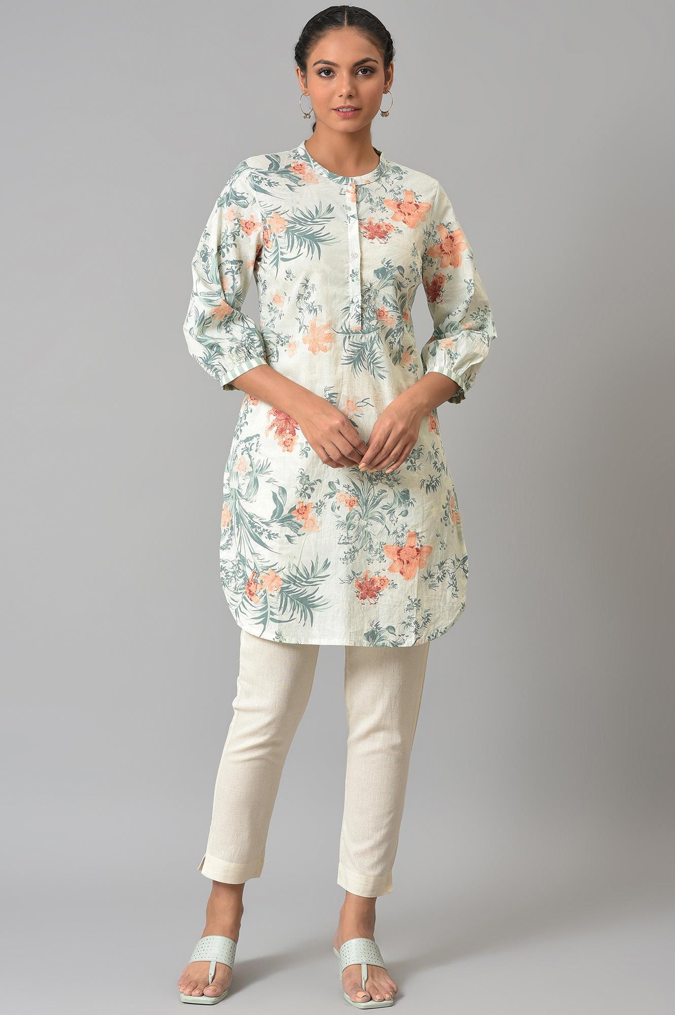 Soft Beige Floral Print kurta - wforwoman