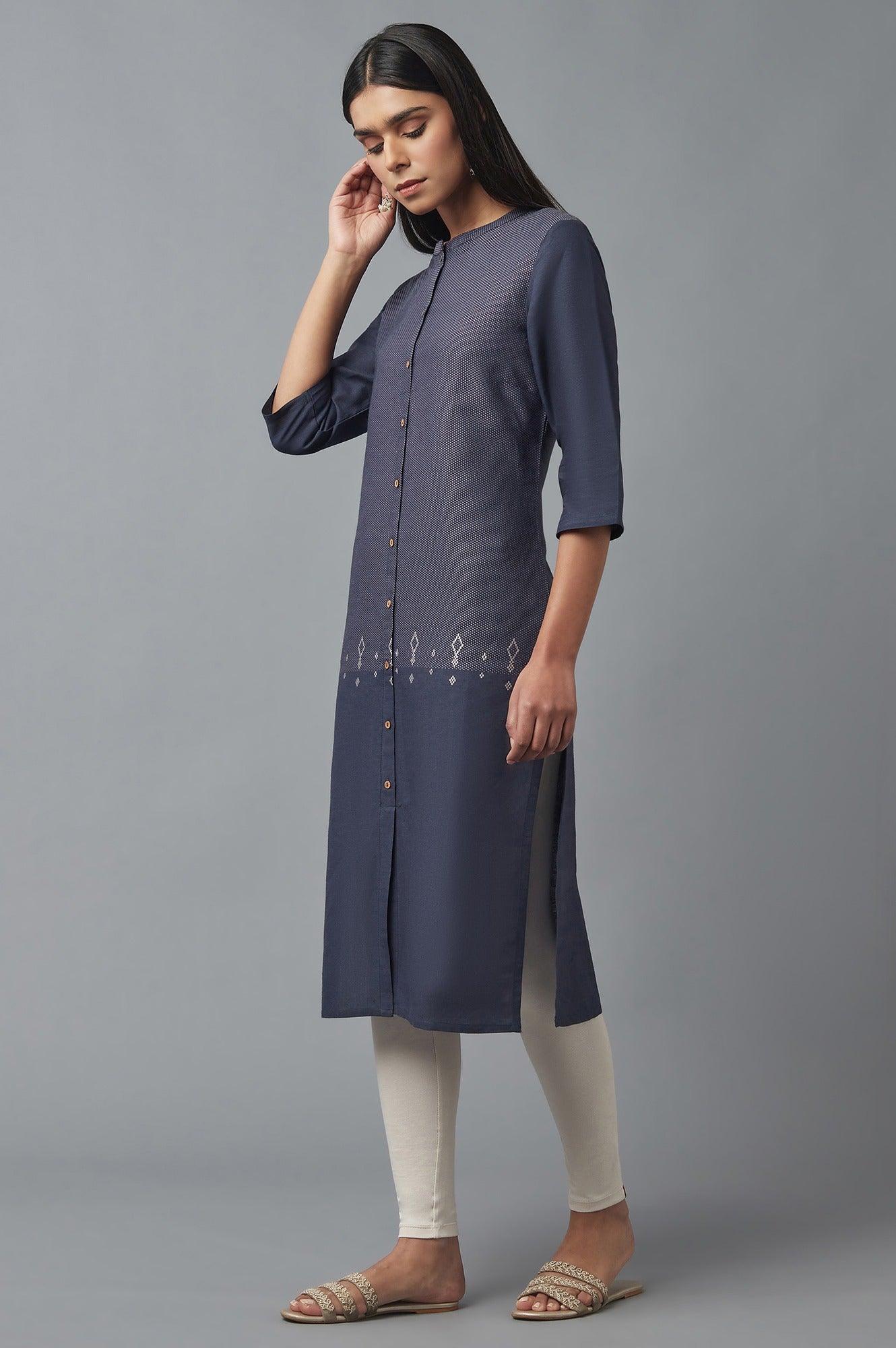 Navy Blue Yarn Dyed kurta - wforwoman
