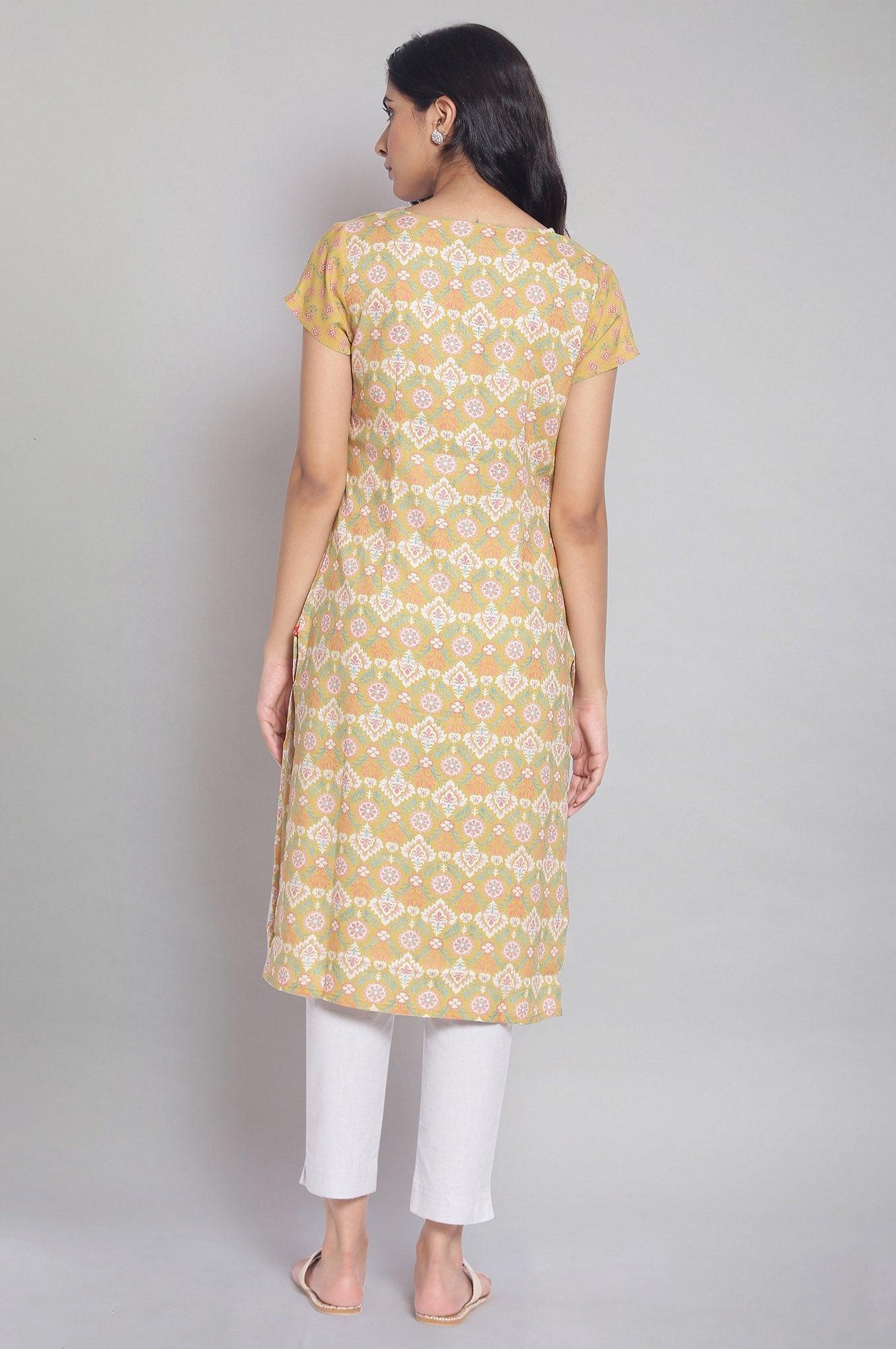 Dark Yellow Floral Print kurta - wforwoman