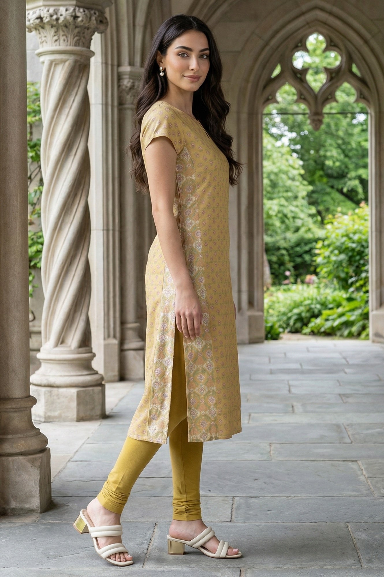 Yellow Floral Printed Short Sleeves Straight Rayon Kurta