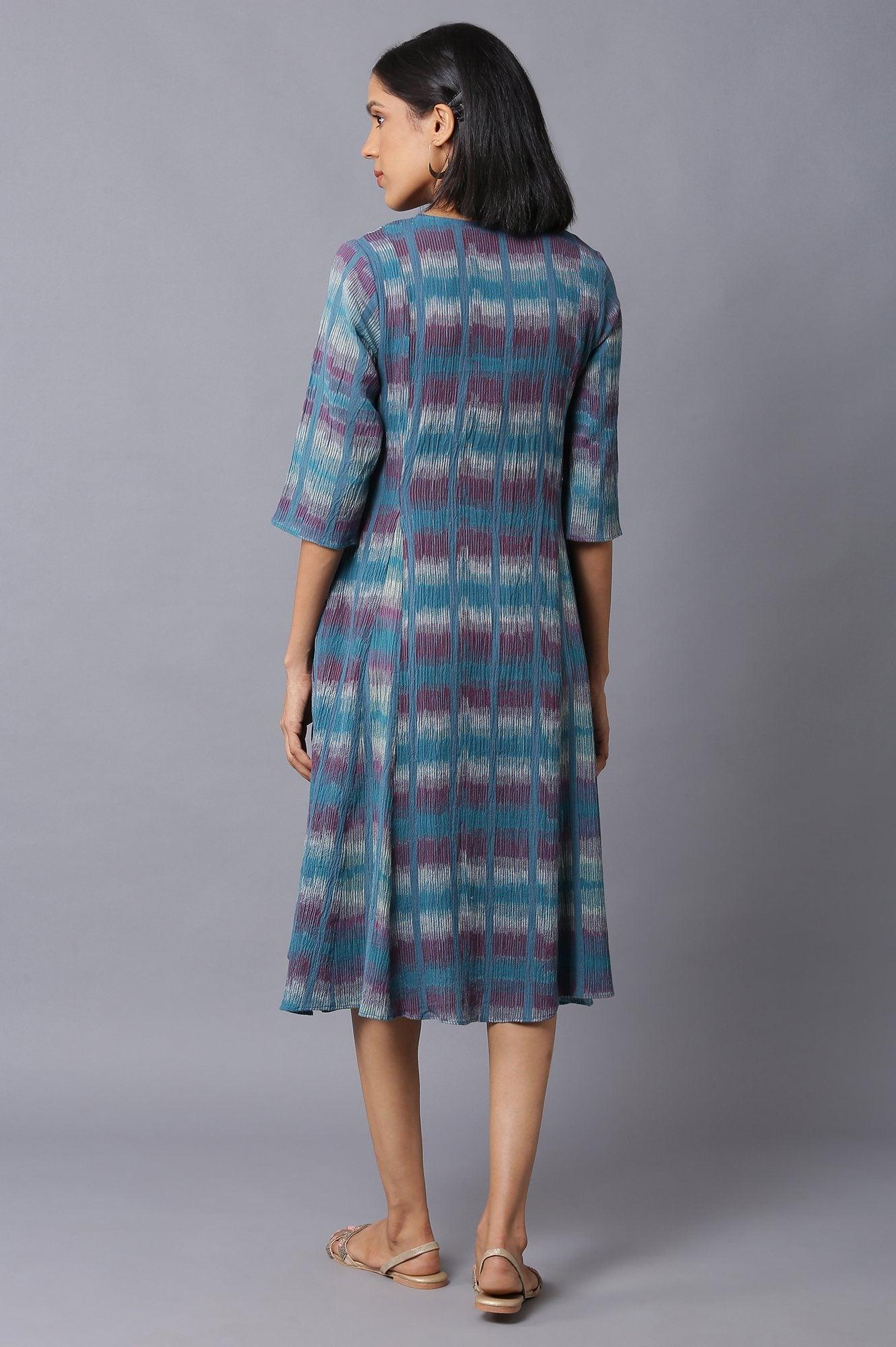 Teal Yarn-Dyed Godet Dress - wforwoman
