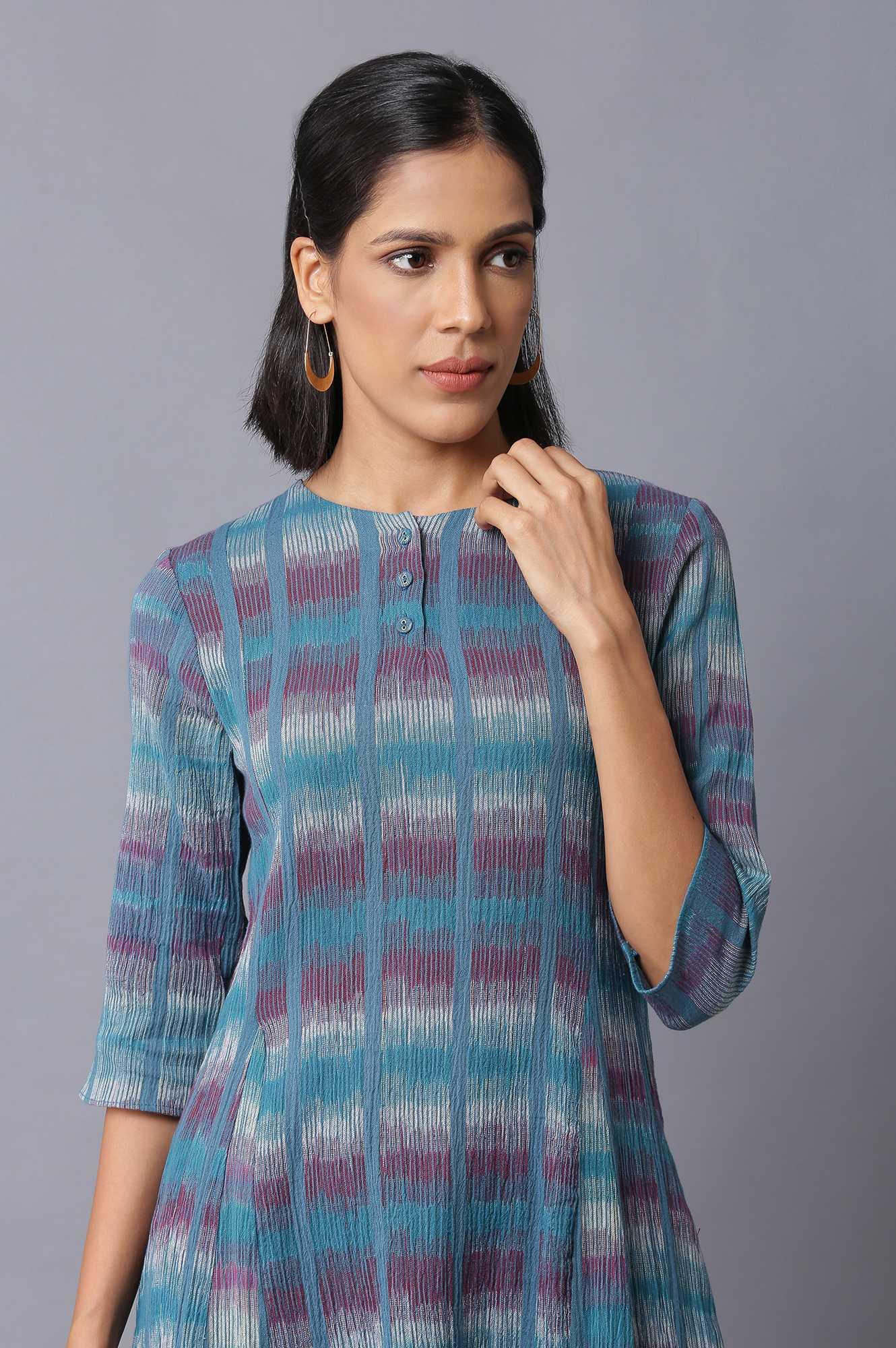 Teal Yarn-Dyed Godet Dress - wforwoman