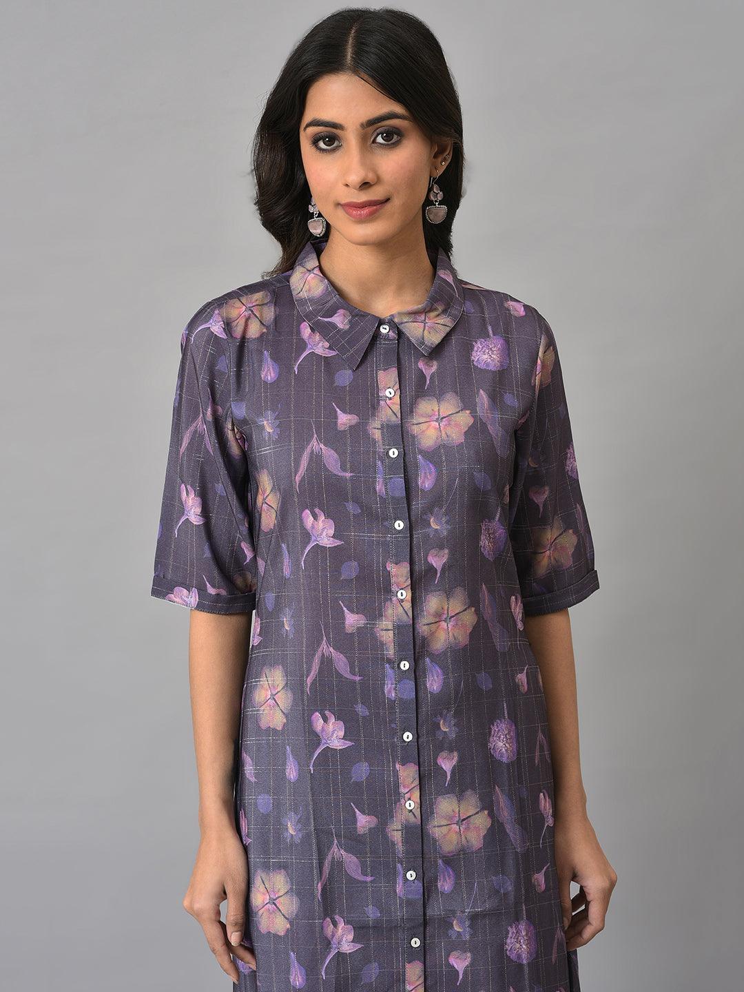 Purple Floral Printed Shirt Dress - wforwoman