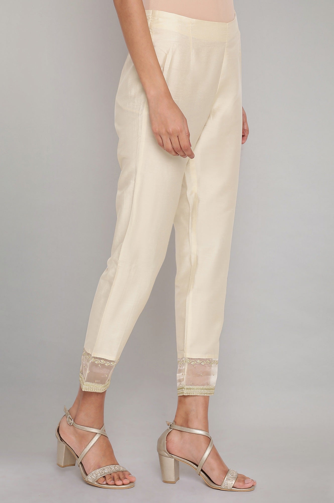 Beige Solid Slim Pants