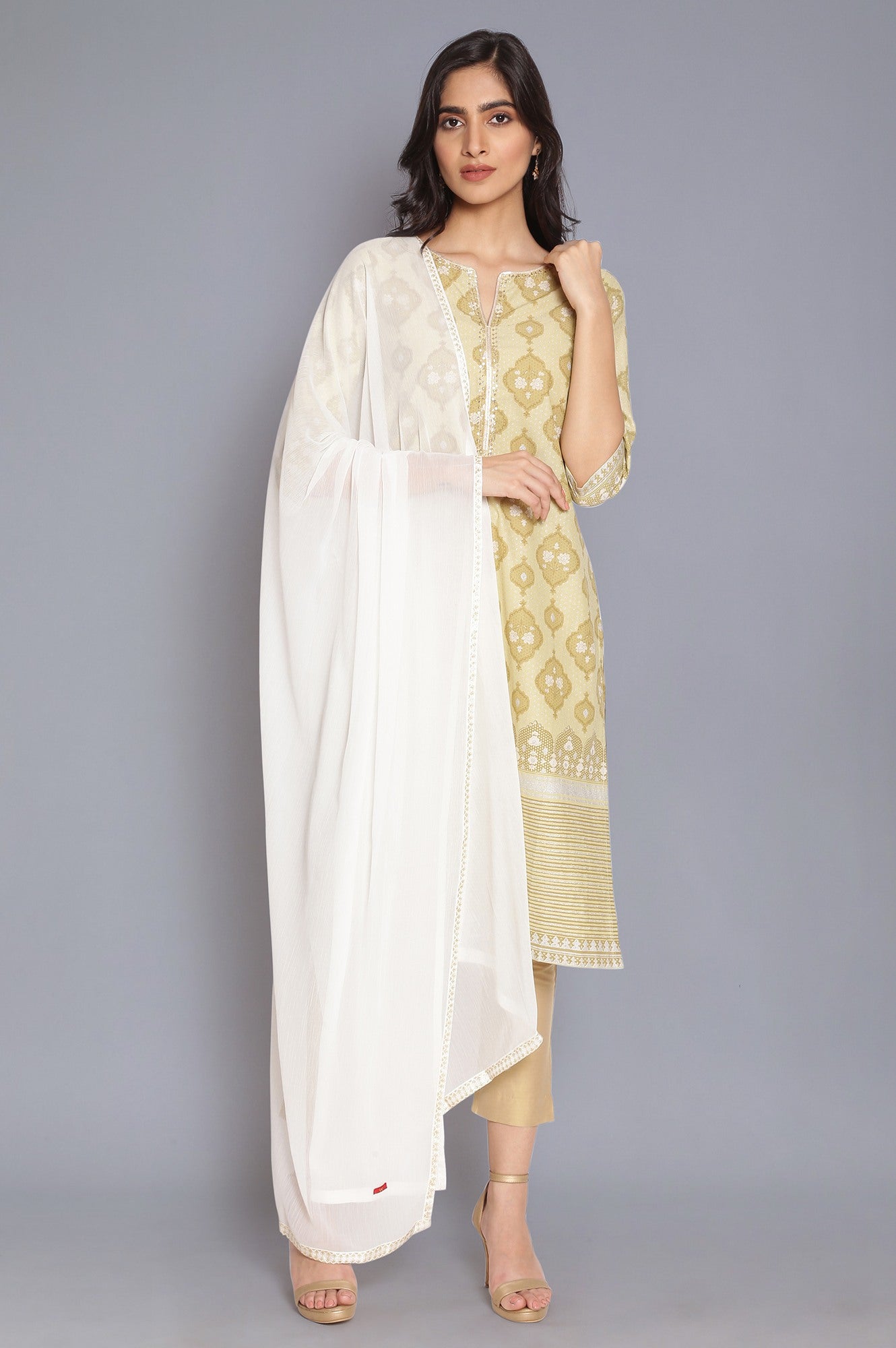 White Solid Printed Gold Border Chiffon Dupatta