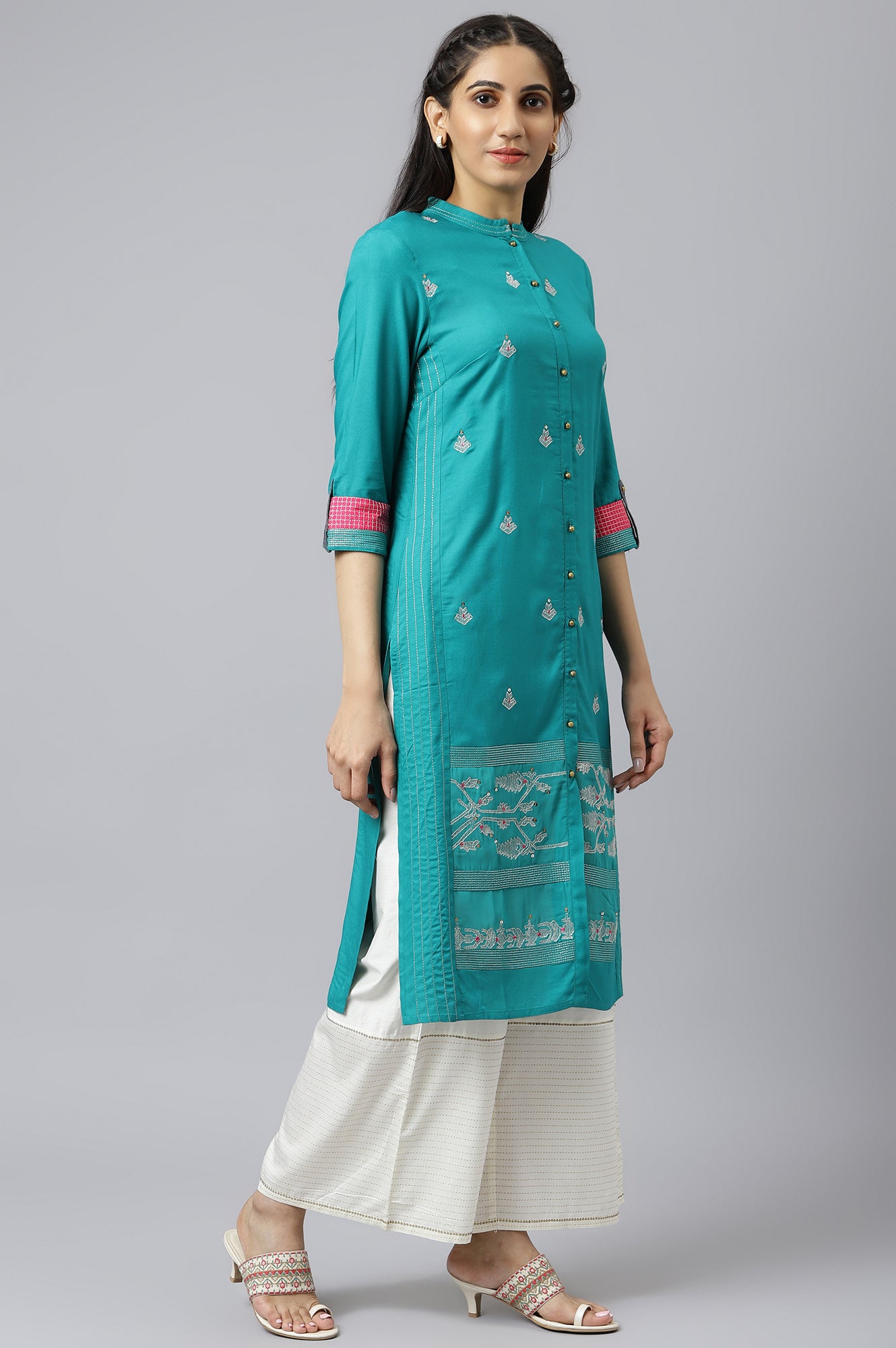 Teal Embroidered Kurta Set - wforwoman