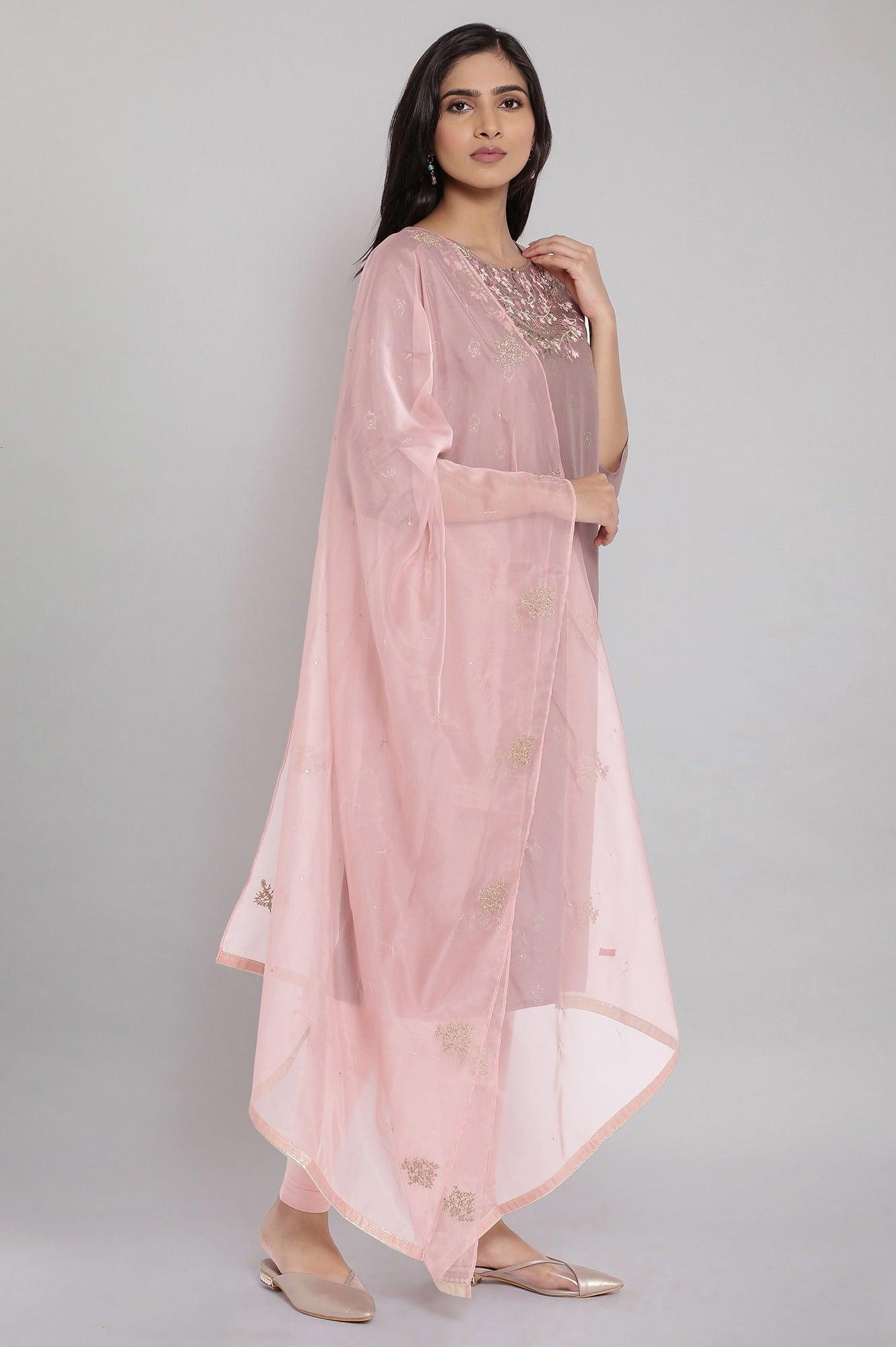 Purple Embroidered Straight kurta-Solid Tights-Dupatta Set - wforwoman