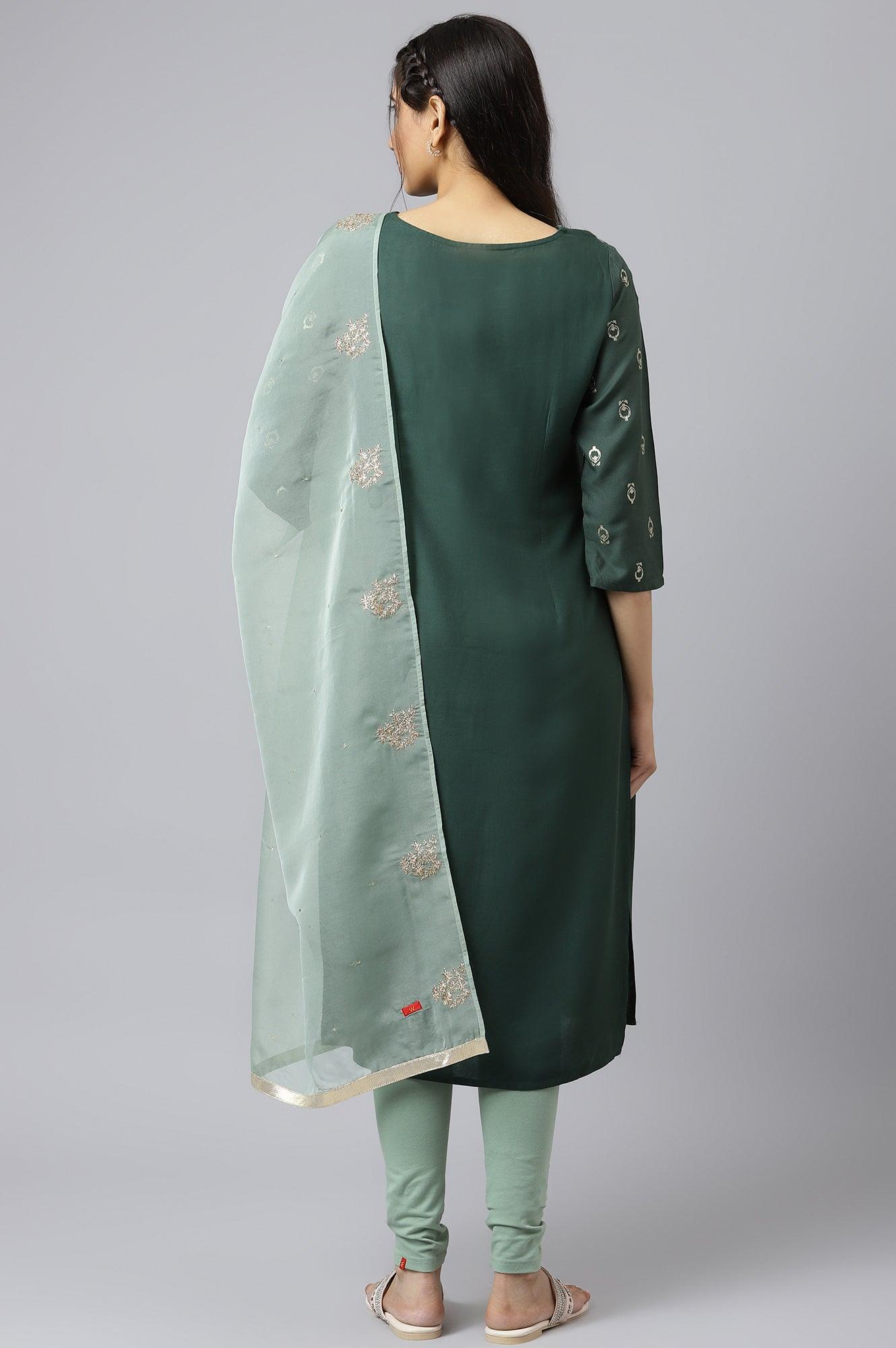 Green Embroidered Straight kurta-Solid Tights-Dupatta Set - wforwoman