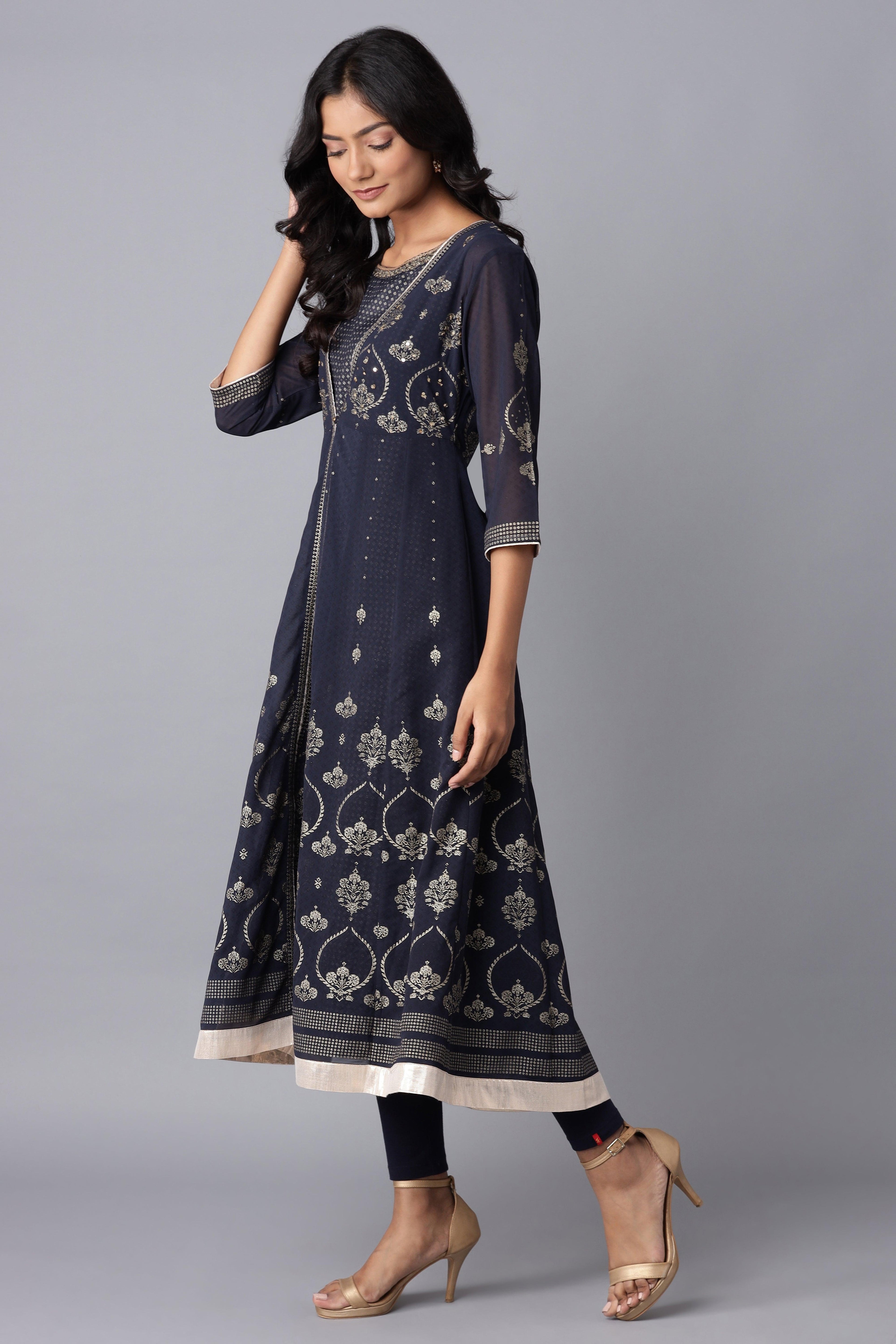 Navy Blue Layered kurta-Solid Tights Set - wforwoman